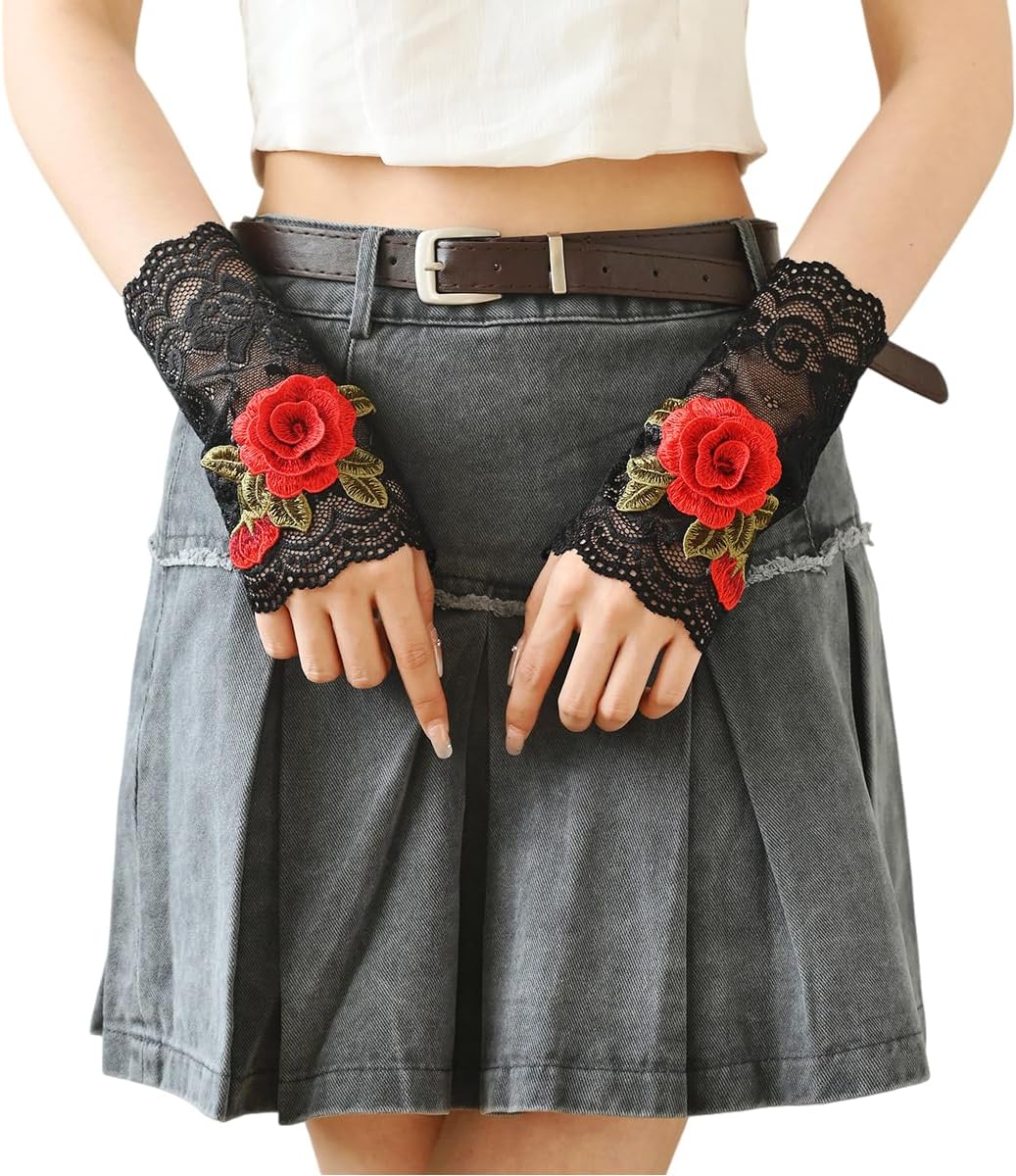 Specell Embroidered Rose Flowers Lace Fingerless Gloves for Bridal Wedding Cocktail Tea Party Evening Prom Costumes Cosplay