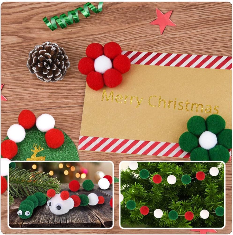 Beavorty Christmas Pom Poms Balls 1000pcs Red Green White Pompoms Miniature Pom Poms for DIY Crafts, Ornament Fillers, Gift Wrapping, Home Christmas Tree Decorations (3 Color, 2cm)