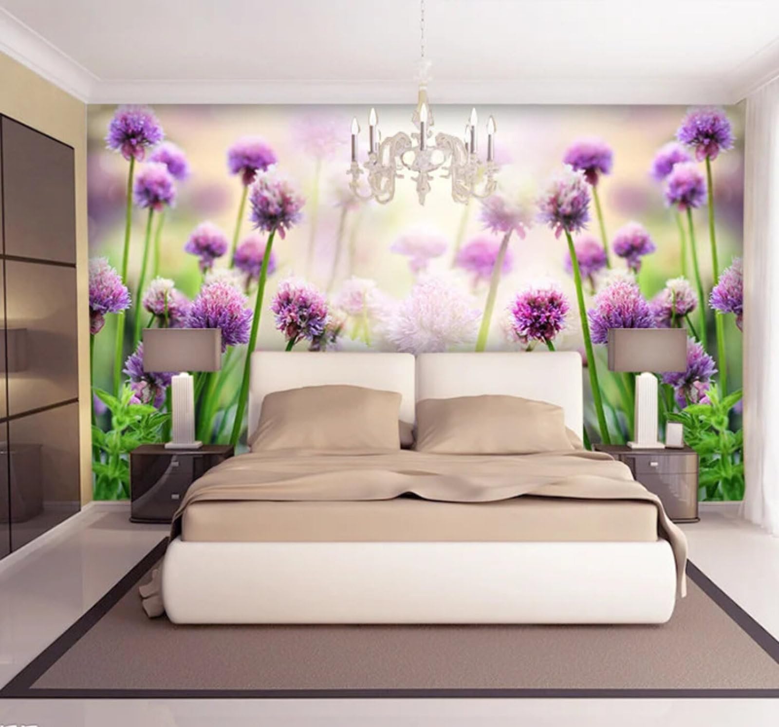 Wallpaper-3D-Xlm 400Cm×280Cm(B×H) Fresh Beautiful Plants Purple Flowers 3D Wallpaper Easy Install Feature Office Living Room Sofa Bedroom Tv Background Wall Decoration-400Cm×280Cm