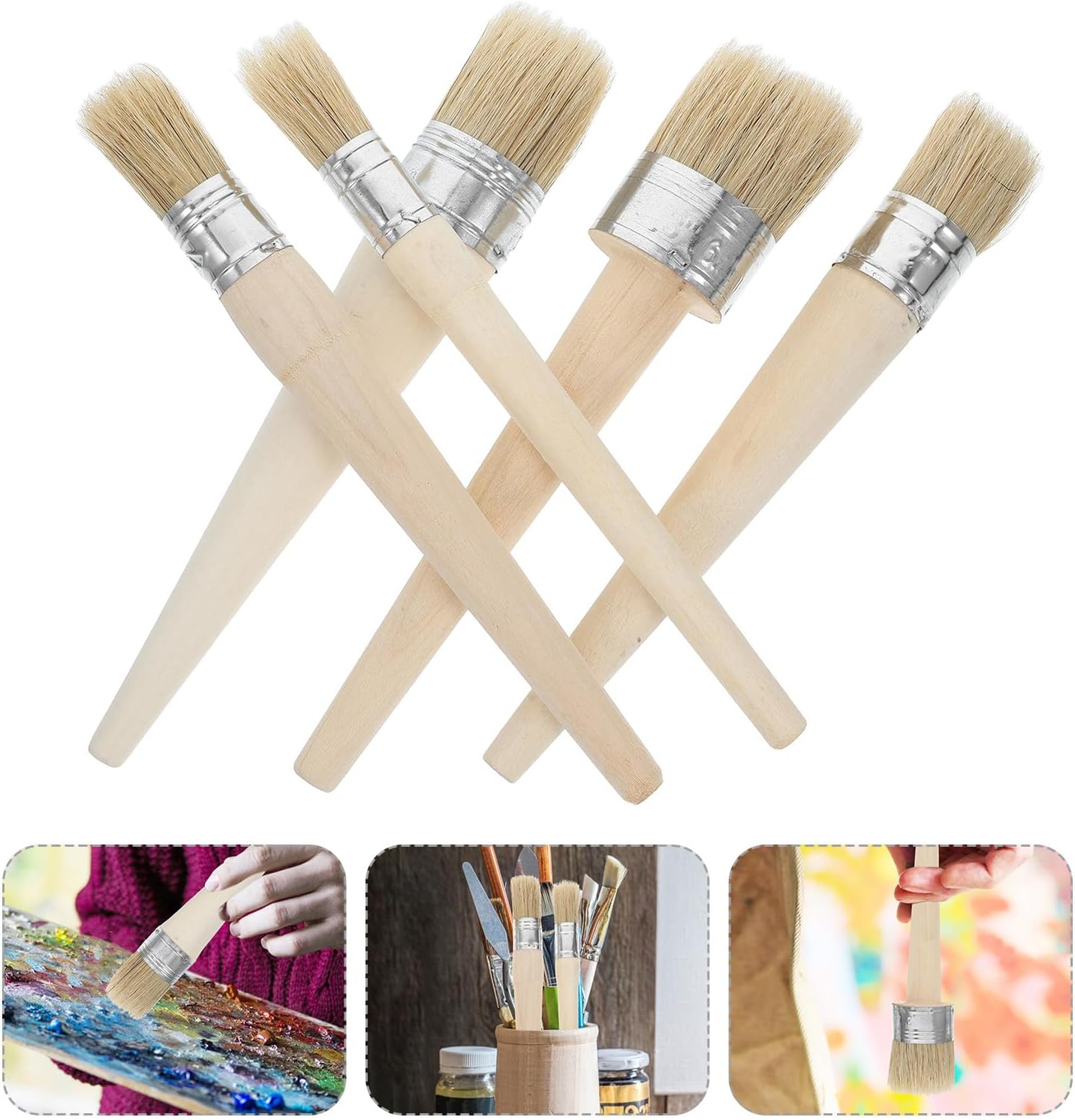 5pcs Round Wood Handle Paint Brushes Set Natural Boar Bristles for Decorative Paint Furniture Waxing Stencil Application with 20mm-50mm Diameter Brushes