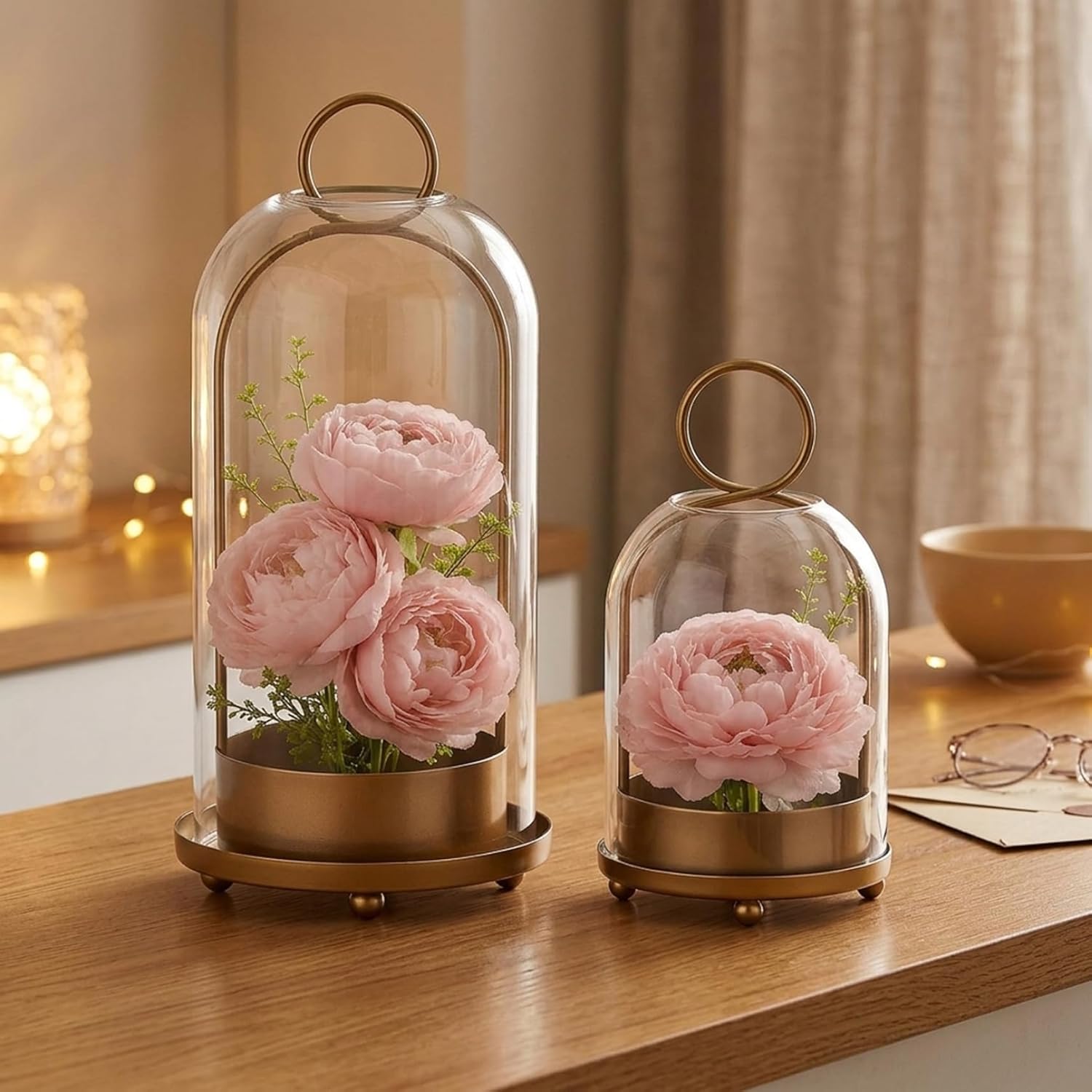 2Pcs Hurricane Glass Candle Holders, Golden Metal Candle Holder for Rustic Farmhouse Decor, Clear Glass Candles Holder for Tabletop or Wall Hanging