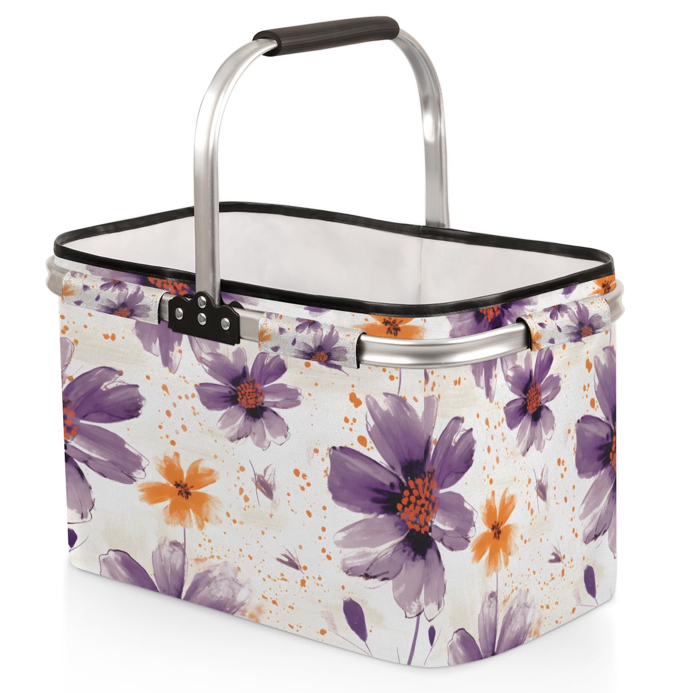Collapsible Picnic Basket with Handle, Purple Orange Flowers 30L Reusable Shopping Basket, Polyester Portable Market Basket for Shopping, Beach, Storage