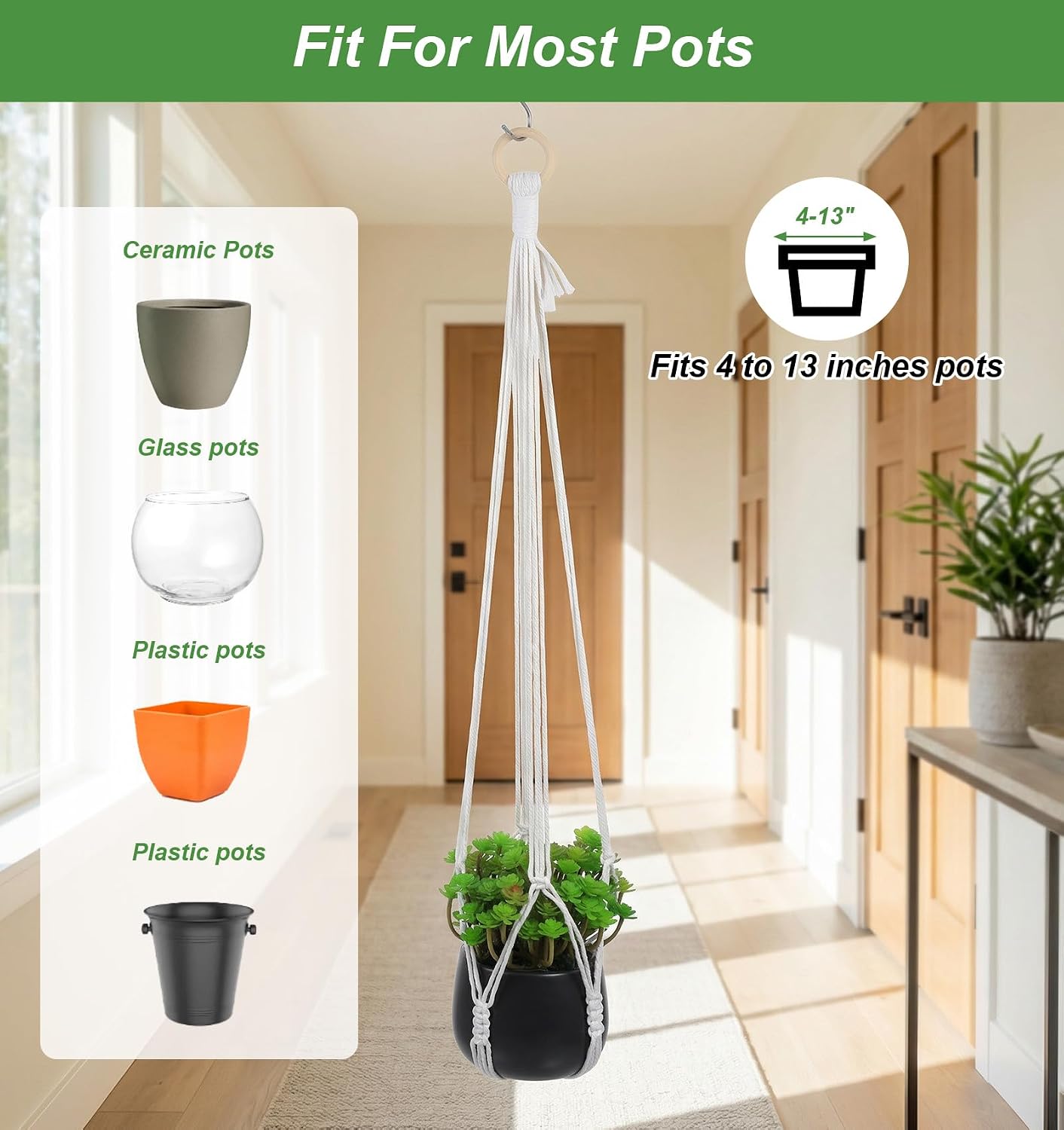 31 Inch Hanging Plant Holder, Decorative White Macrame Plant Hanger Indoor | Macrame Plant Hanger White, Space Saving Plant Holder for Living Room, Bedroom, Balcony (No Pot)