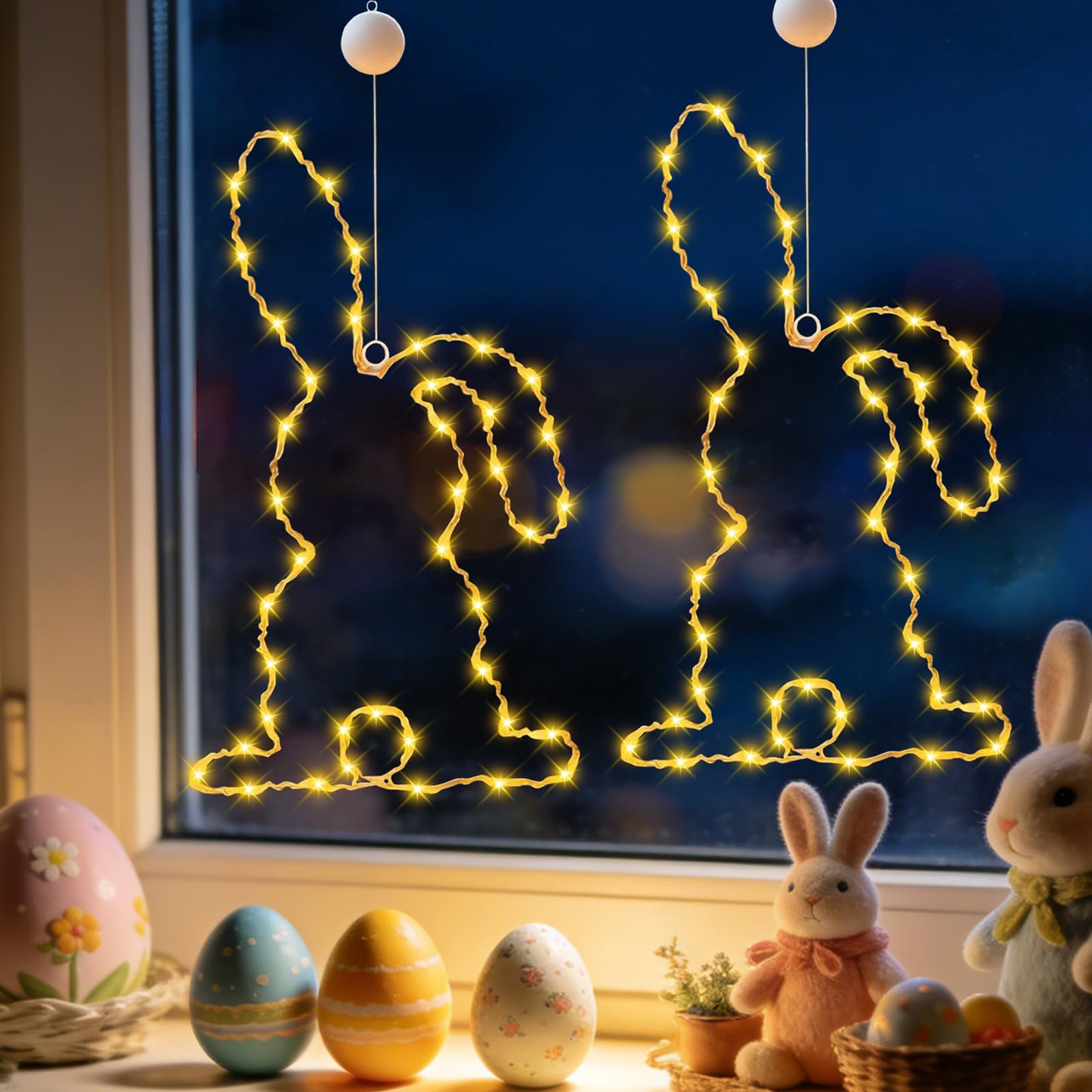 2PCS Osterdeko LED Fenster Licht, Osterdeko LED Hase Fens-terdeko mit Timer & Saugnapf, Osterhase Fensterlichter, Osterde-ko Fen-ster Licht, Oster-deko Fenste-rbeleuchtung, für Innen Außen Deko