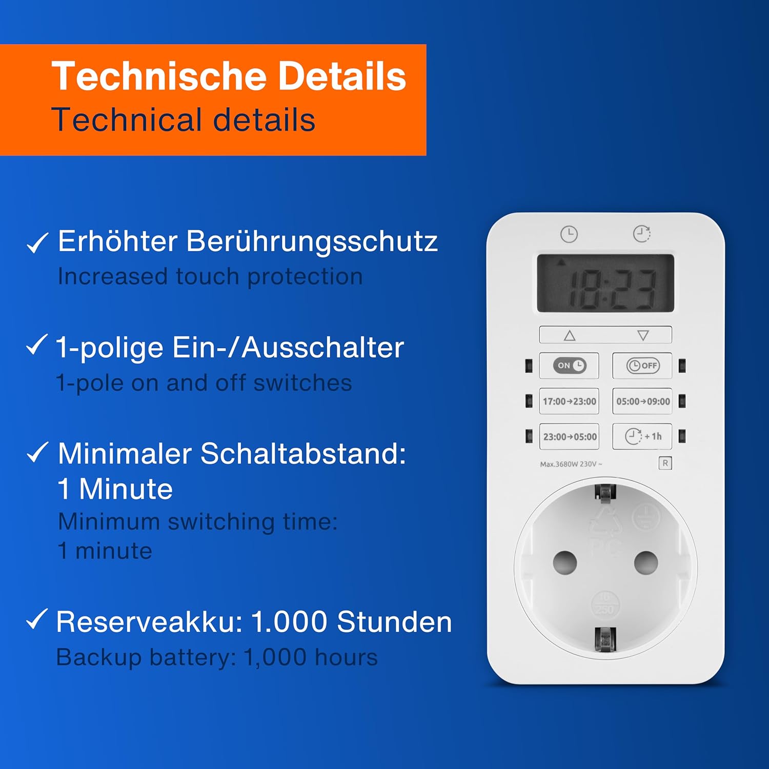 Image detailing technical specifications like increased touch protection, 1-pole switch, minimum switching time, and backup battery.