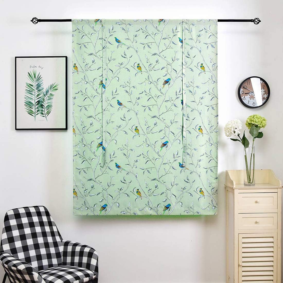 Soft Linen Touch Colorful Funny Birds Twig Printed Farmhouse Kitchen Curtain Tie up Adjustable Balloon Rod Pocket Window Treatmet Roman Shades Tiebacks for Cafe Drapes, 47" x 55", Light Green