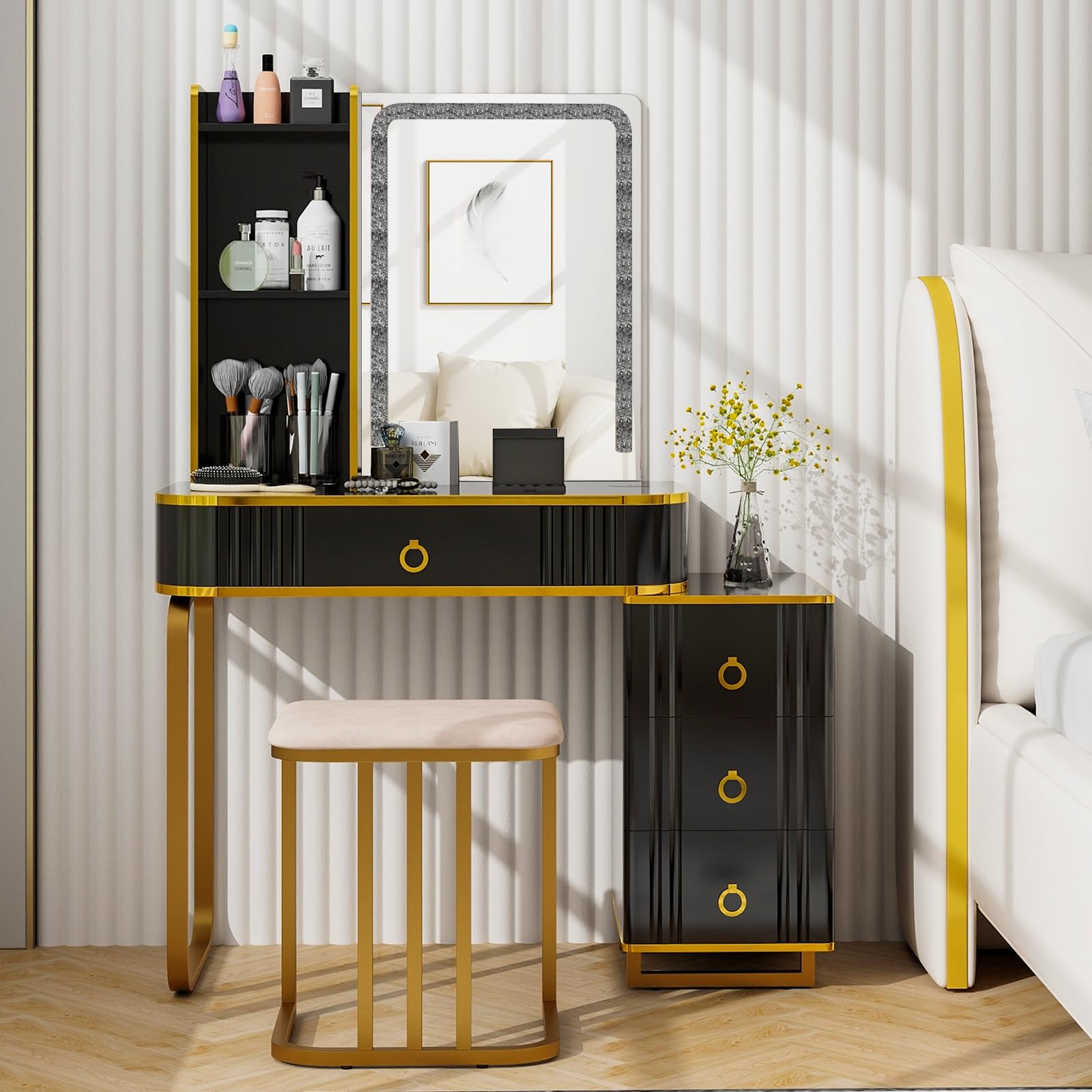 HOMASIS Toeletta Trucco con Luci a Led Colorate Regolabili, Postazione Trucco con Sgabello, Toletta da Trucco con Specchio con Porta USB e 4 Cassetti, 80 x 40 x 137 cm (Nero)