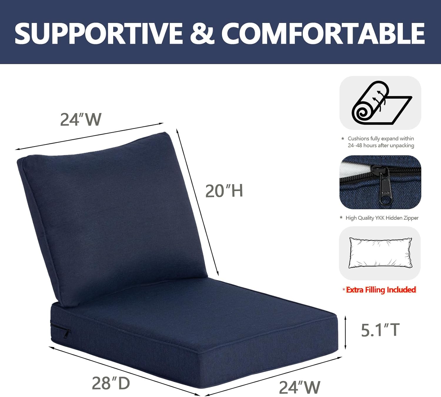 goodgoods 24 x 28 outdoor patio deep seat cushions 2-pack, 1000+ hours fade-resistant & water-resistant outdoor furniture chair cushions with 30d high-resilience foam for sofa chair, midnight midnight 24''x28''x5.1'' 2 sets