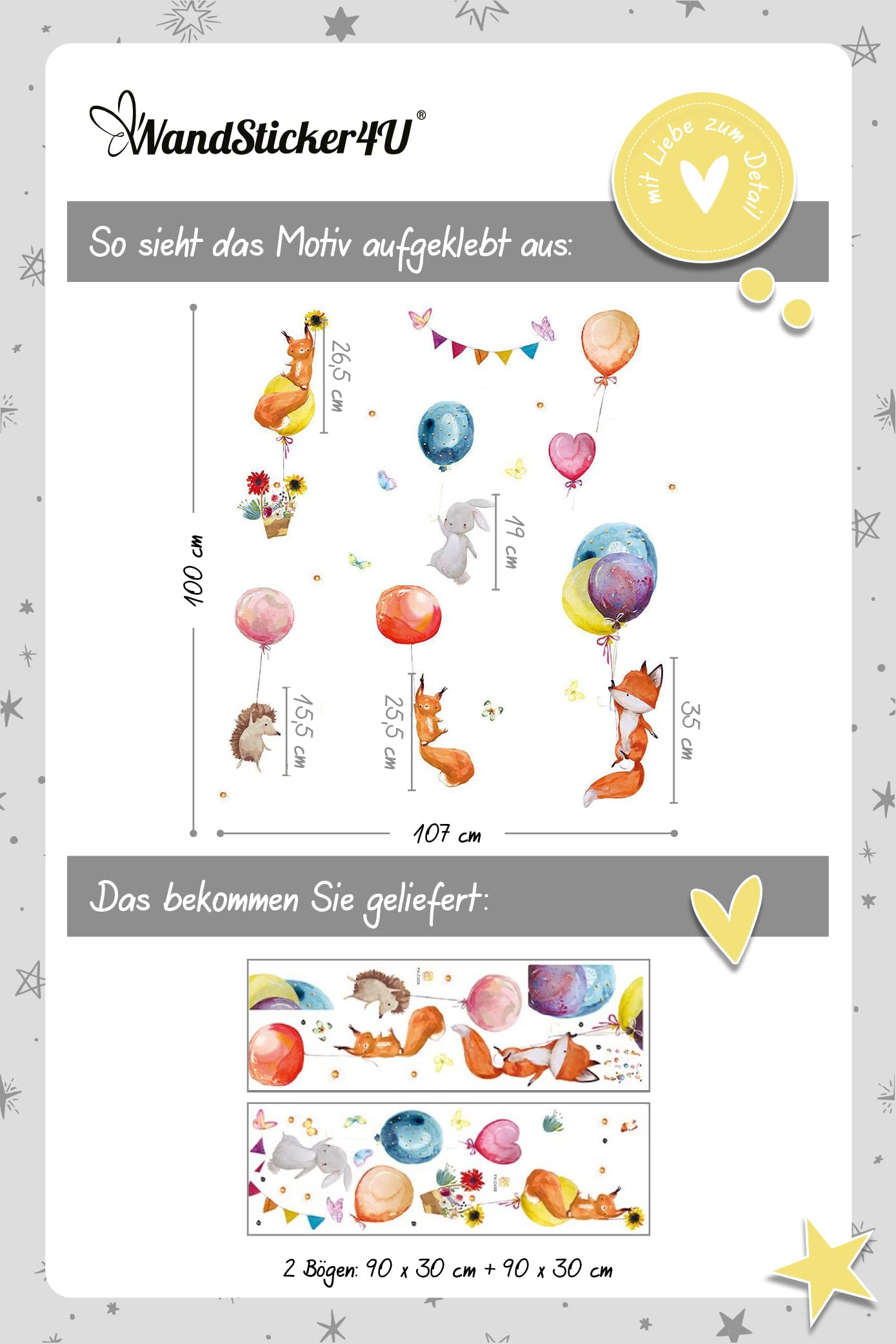 WandSticker4U®- [Acquerello] Adesivi murali bambini animali del bosco PALLONCINI & VOLPE (107x100 cm) I Adesivi da parete animali foresta coniglio giungla I Sticker muro camera da letto bambini bimba