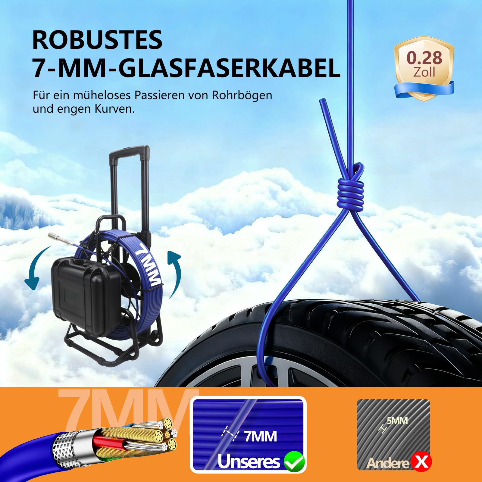 Kanalkamera mit 512-Hz-Ortungsgerät, 50 m, selbstnivellierende 9-Zoll-IPS-Rohrkamera mit 7-mm-Kabel und Griff,Endoskopkamera mit 12 LEDs, 16GB SD-Karte, für Kanalrohre