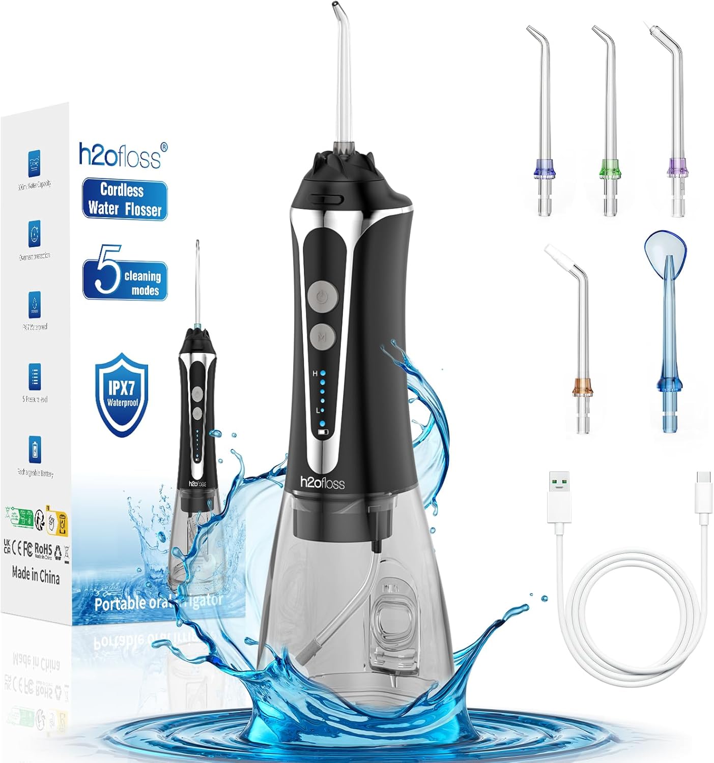Water Dental Flosser Pick for Teeth, H2ofloss 5 Modes Cordless Dental Oral Irrigator with 300ML Water Tank, IPX7 Waterproof and Rechargeable Water Teeth Cleaner for Home Travel Water Dental Flosser Pick for Teeth, H2ofloss 5 Modes Cordless Dental Oral Irrigator with 300ML Water Tank, IPX7 Waterproof and Rechargeable Water Teeth Cleaner for Home Travel