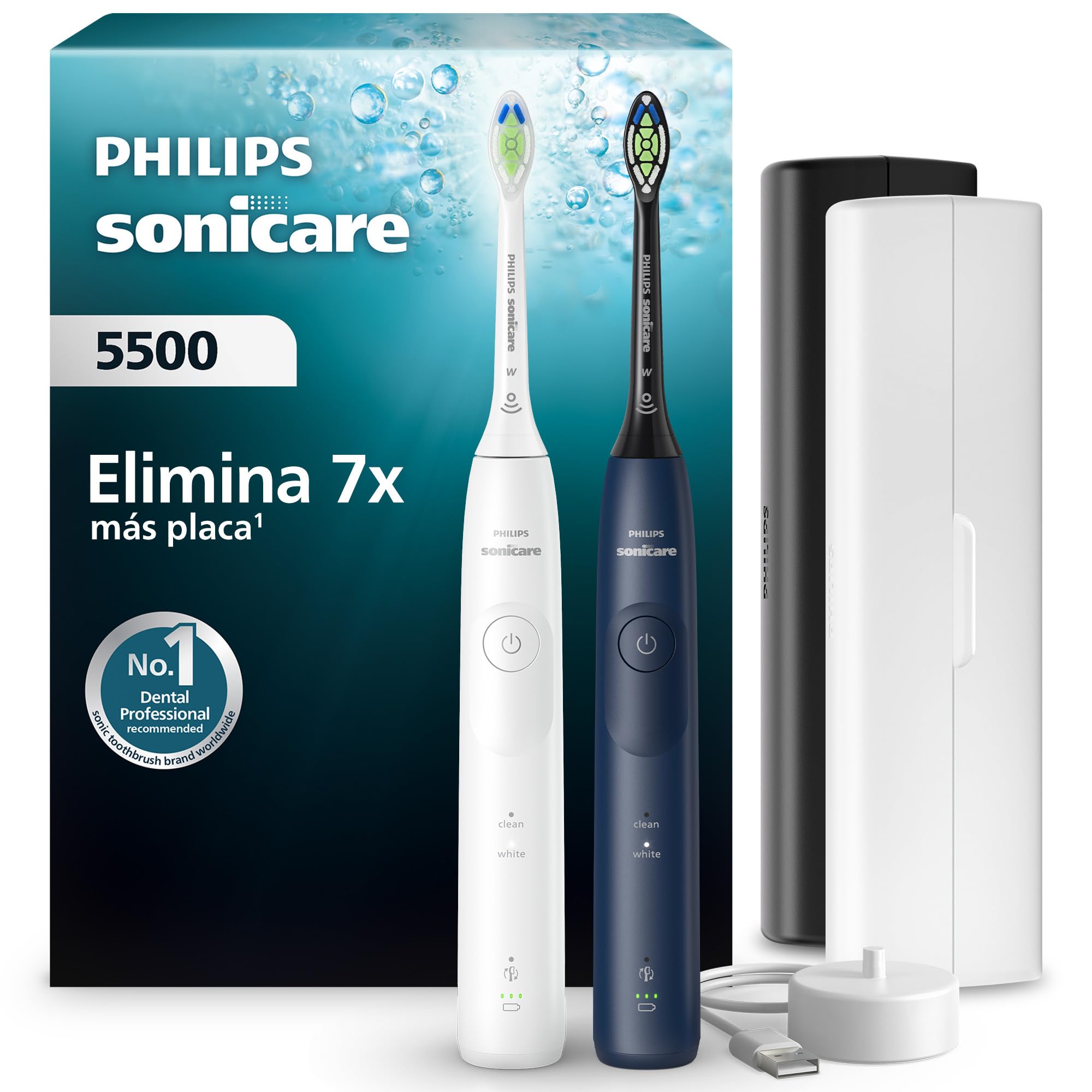 Philips Sonicare 5500 cepillo dental eléctrico, sónico con 2 modos, alerta de presión, EasyStart, SmarTimer, blanco y azul marino, paquete de 2, modelo HX7119/01 [Nueva Tecnología]