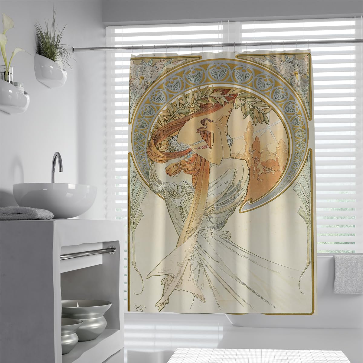 OLLIAR Home Classic Art Shower Curtain Art Nouveau Vintage Lady Portrait Print Bath Curtain Waterproof Fabric Bathroom Curtains Decor with Hooks 240x180cm