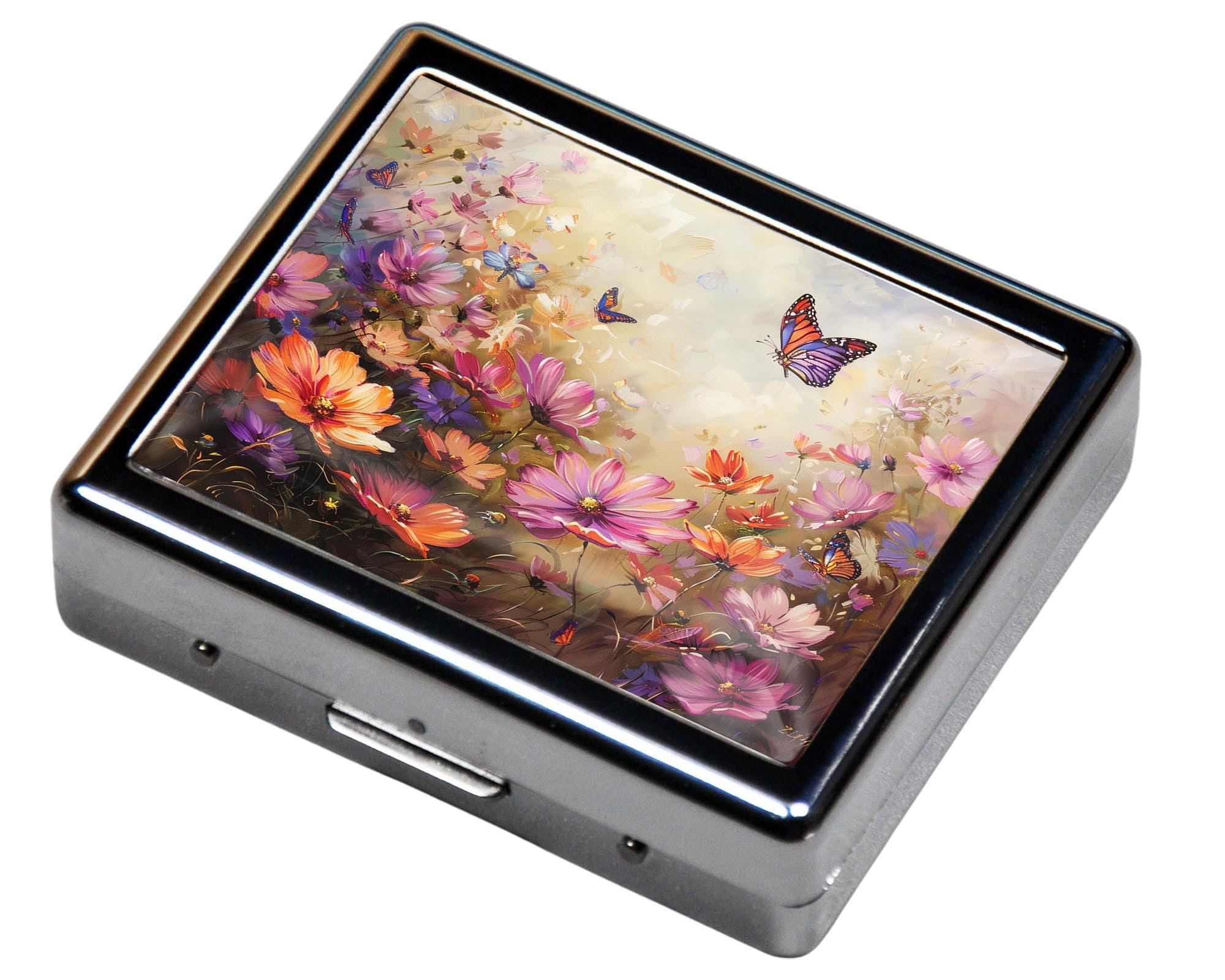 Pilulier 7 jours chromé argenté brillant avec miroir à l'intérieur, 8 compartiments séparés, rectangulaire, rangement polyvalent pour médicaments – Accessoire de voyage idéal (papillons en fleurs)