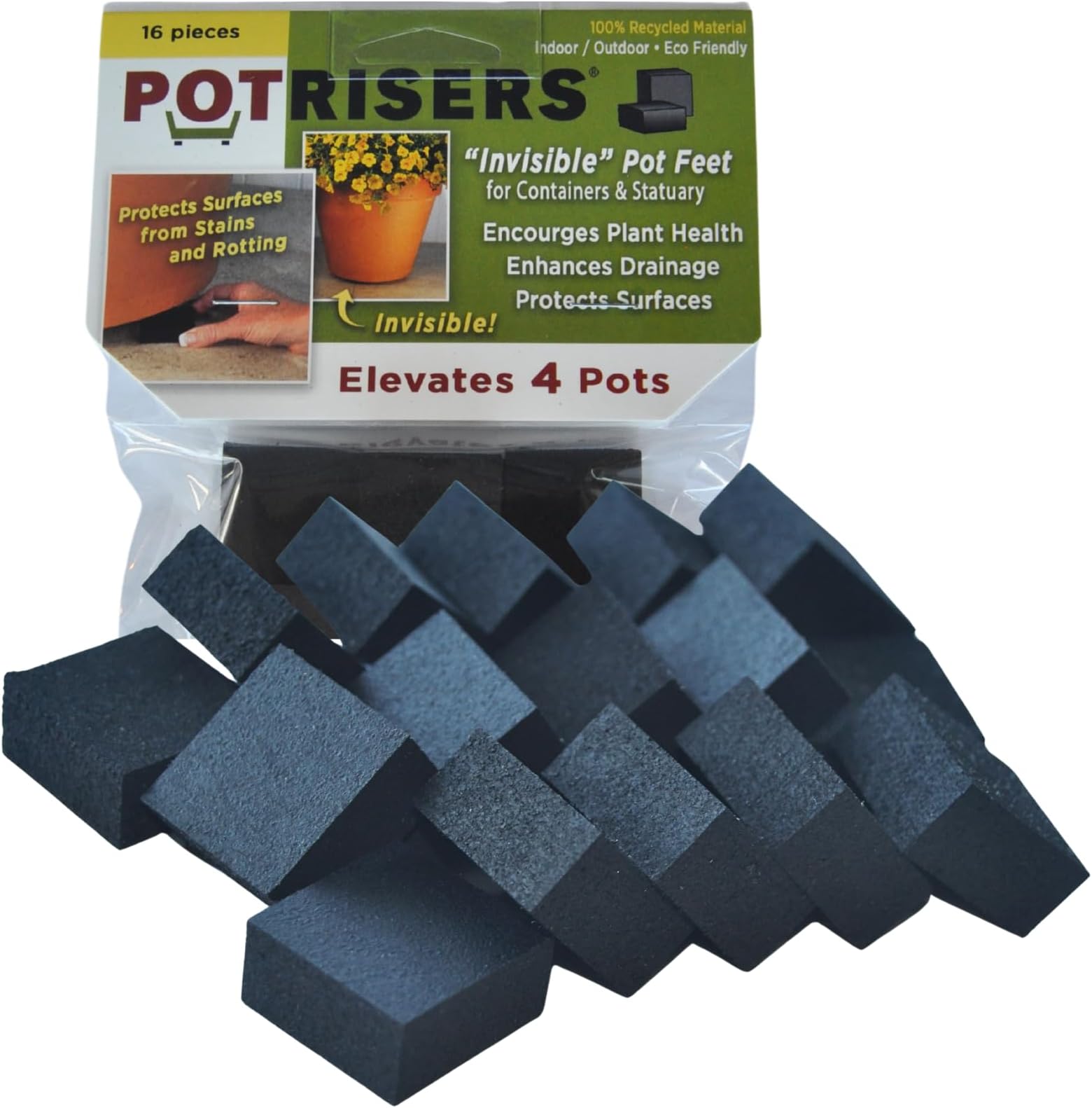Potrisers (Small 1" x 1" x 1/2" - 16 Pack) Outdoor Plant Risers & Drainage Pot Feet for Planters, Pots, or Statues – Elevates up to 5 – Ideal for Patios, Decks, and Gardens