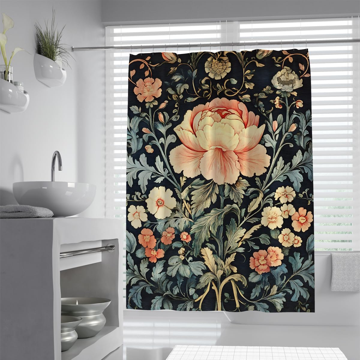 OLLIAR Home Watercolor Peony Shower Curtain Set 180x180 Vintage Flower Rustic Boho Botanical Bathroom Decor Waterproof Fabric Bathroom Curtain with Hooks