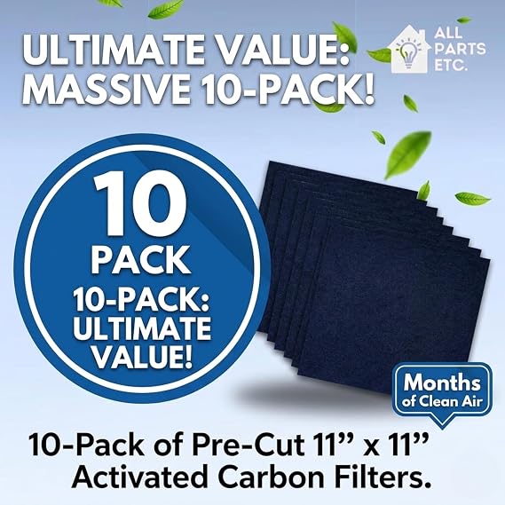 Activated Carbon Air Filter 11x11 - Cut to Fit (10-Pack), Anti-Odor Charcoal Filter Sheets for Air Purifier, Vent Hoods, Vacuum Cleaners, Aquariums, Kitchen, and Home Use - 1/8 Thick