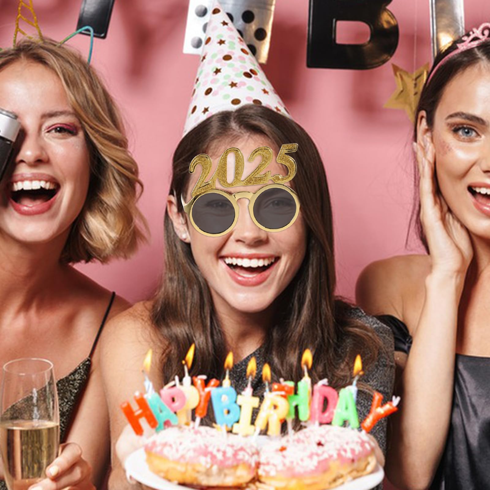 LOGOFUN 4Pcs 2025 New Year Glasses Glitter 2025 Number Eyeglasses Plastic 2025 New Year Plastic Glasse Photo Props for Graduation Party Decoration - Colorful