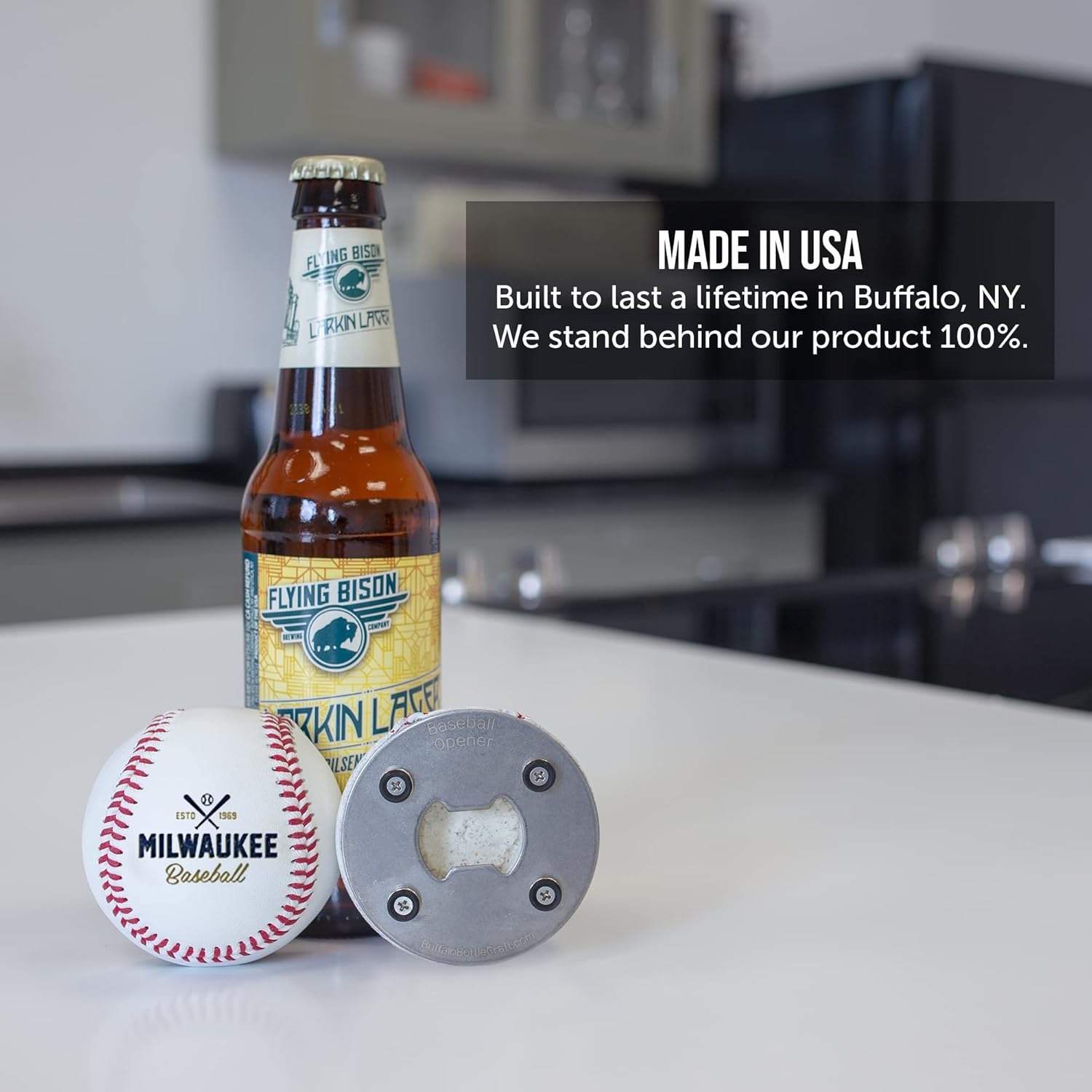 Milwaukee Beer Bottle Opener - Real Baseball Leather, Magnetic & Cap Catcher - Cool Gadget Gift for Men