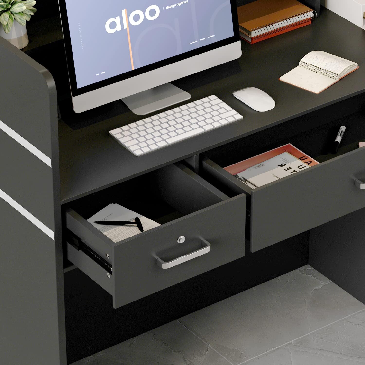 AIEGLE Reception Desk with Drawers & Storage Shelves, Table with Private Panels, for Salon Reception Room Checkout Office, Black (47.3" L x 18.3" W x 43.3" H)