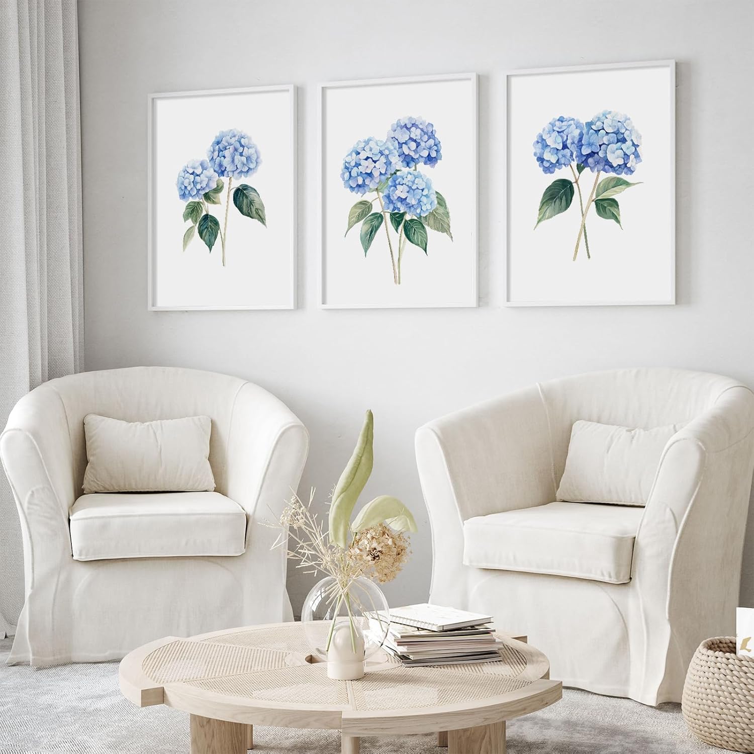 FEOFTIE Blue Hydrangea Wall Art Watercolor Floral Prints Botanical Wall Decor Grandmillennial Blue Posters Modern Minimalist Flower Canvas Prints for Bedroom Living Room Office 24L x 16W Unframed