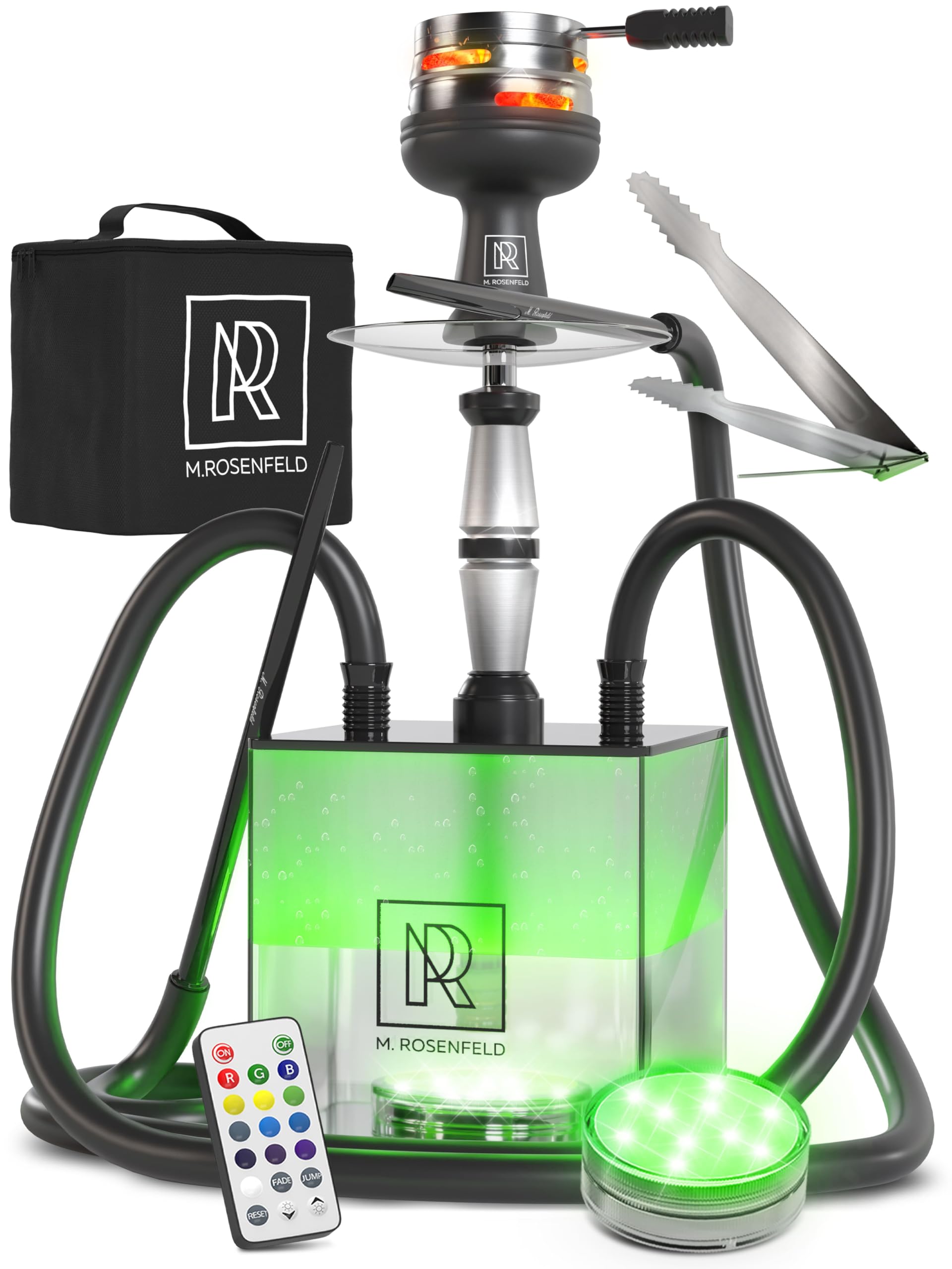 Unused. 2 Hose Hookah Set with Travel Case - YADO Square Hookah To Go - Cube Acrylic Hookah with Big Silicone Bowl for Smoking Coal Tongs Amazing Led Light Remote for Better Shisha Narguile Smoking