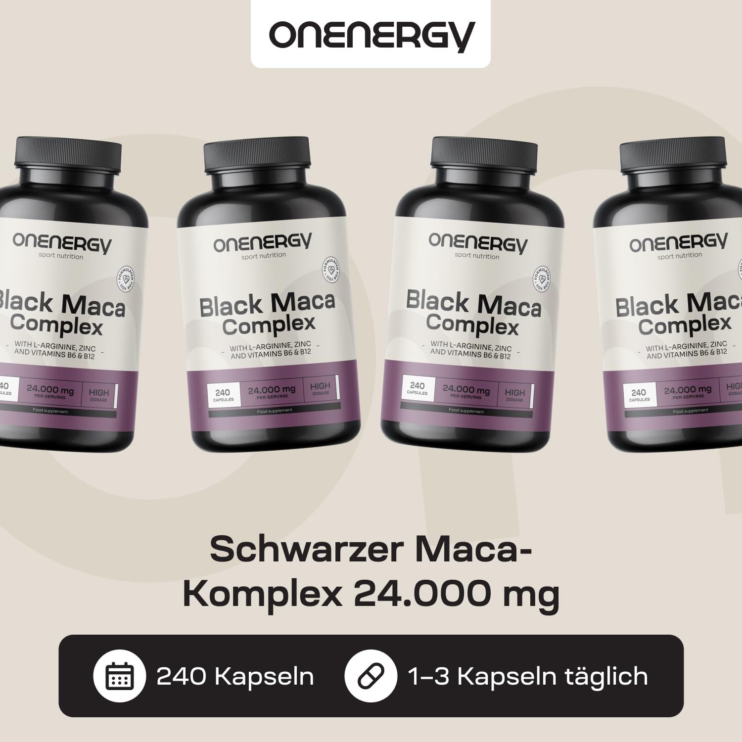 Schwarzes Maca Komplex 24.000 mg – 20:1 Extrakt – 240 Kapseln – Mit L-Arginin, Zink, Vitamin B6 und B12 – XXL Vorrat – Für Männer und Frauen