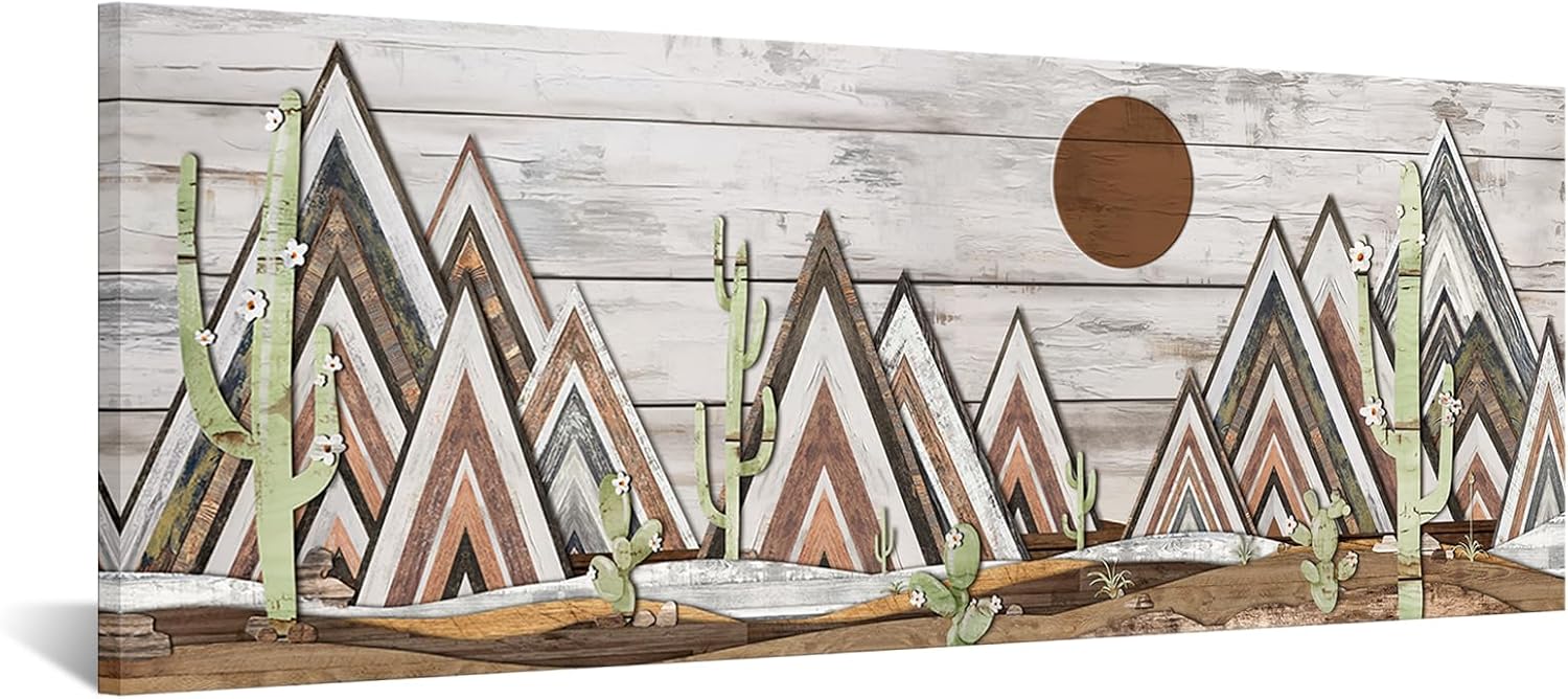 KREATIVE ARTS 20x55 Arizona Desert Mountain Forest Sun Wall Art: Nature Wood Artwork with Modern Abstract Geometric Design - Boho Western Home Decor for Bedroom, Living Room, Office