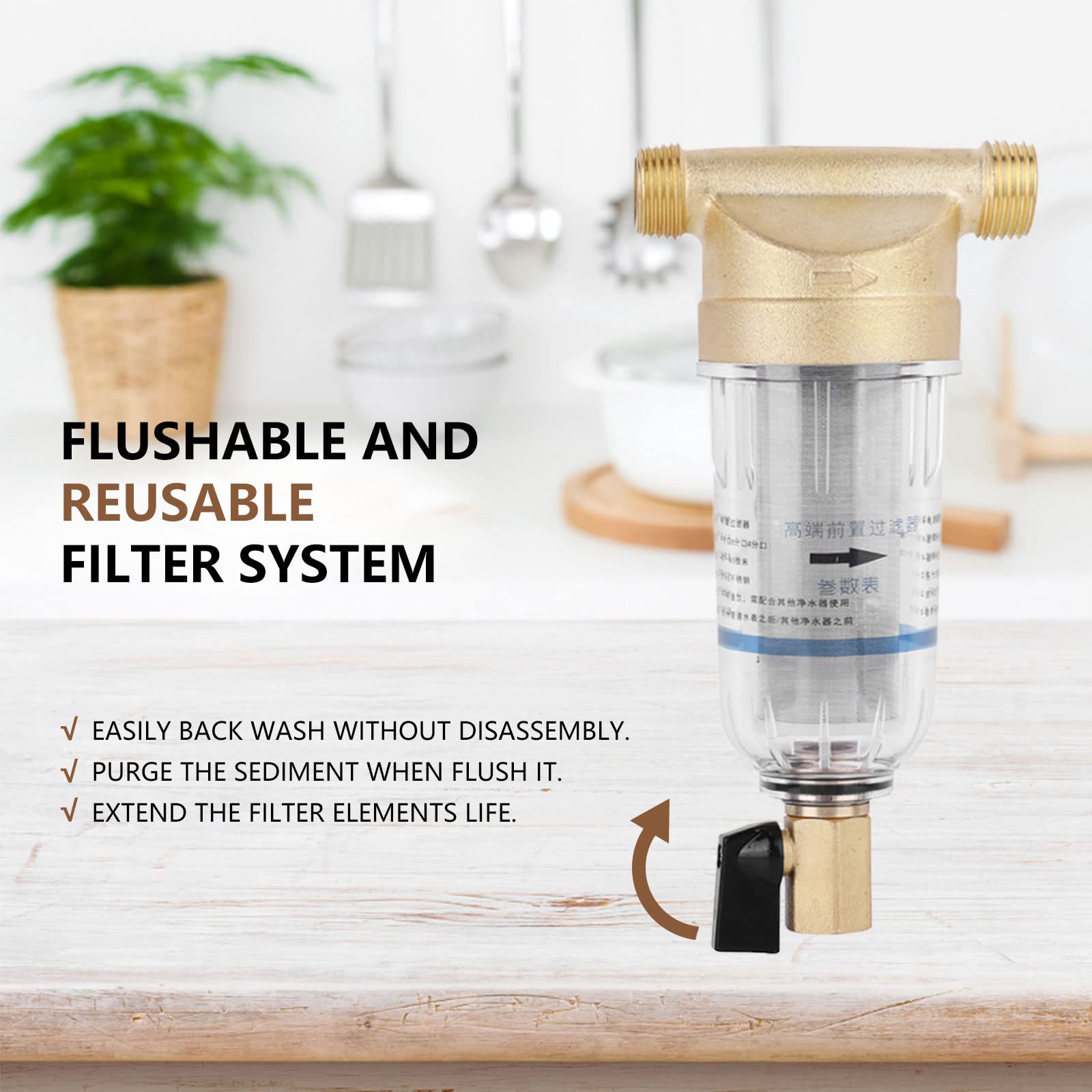 Prefiltro de Agua de Sedimentos Giratorio Purificador Reutilizable, Filtro Agua Entrada General Agua con Llaves y Tubo de Alcantarillado, Filtro de Agua Para Casa de ÓSmosis (3/4" Rosca Macho)