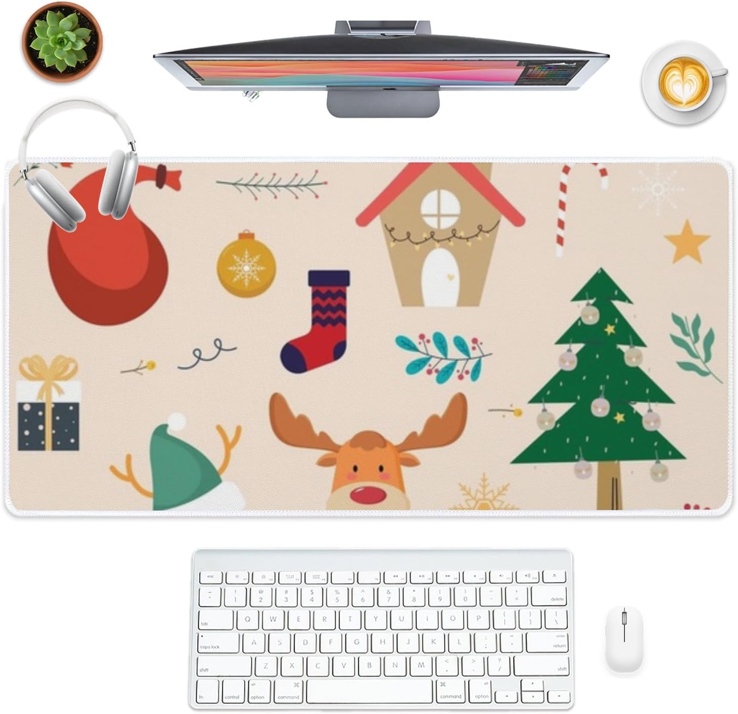 Vintage Reindeer Tree Mouse Pad Large Gaming Desk Pad with Non- Slip Rubber Base Smooth Face Computer Desk Gaming Items for School Home Office Gamer