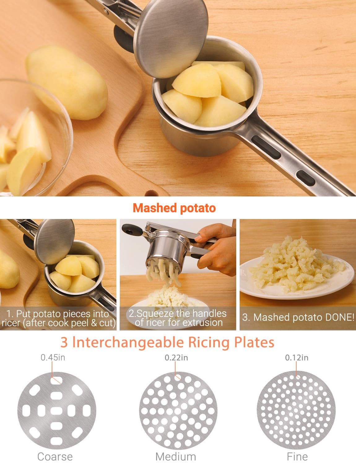 Arricer de patatas, de acero inoxidable, para frutas y verduras, triturador de alimentos de gran capacidad con 3 discos intercambiables y taza interior