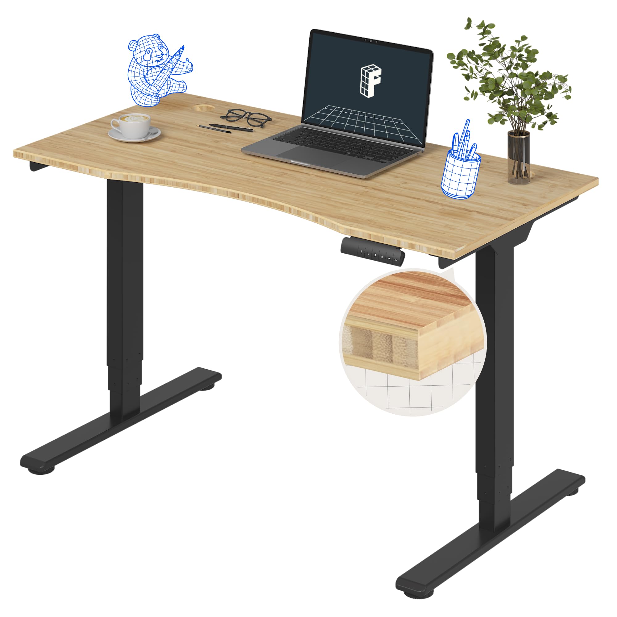 FLEXISPOT E6 Essential Bamboo 3 Stages Dual Motor 48x24 Inch Electric Height Adjustable Standing Whole-Piece Board Desk Sit Stand Up Desk (Black Frame + Bamboo Curved Desktop)