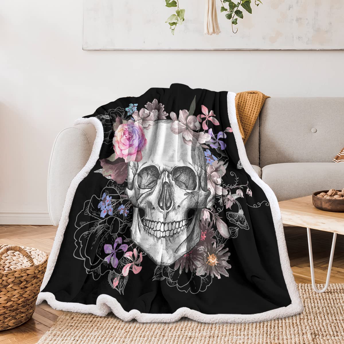 Skull Print Sherpa Fleece Blanket, Lace Skull Art Cozy Fleece Blanket