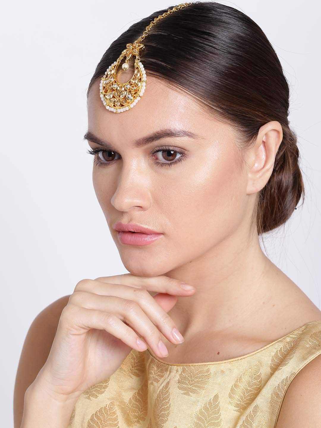 Plated Pearls and Kundan Studded Chandbali Style Maang Tikka