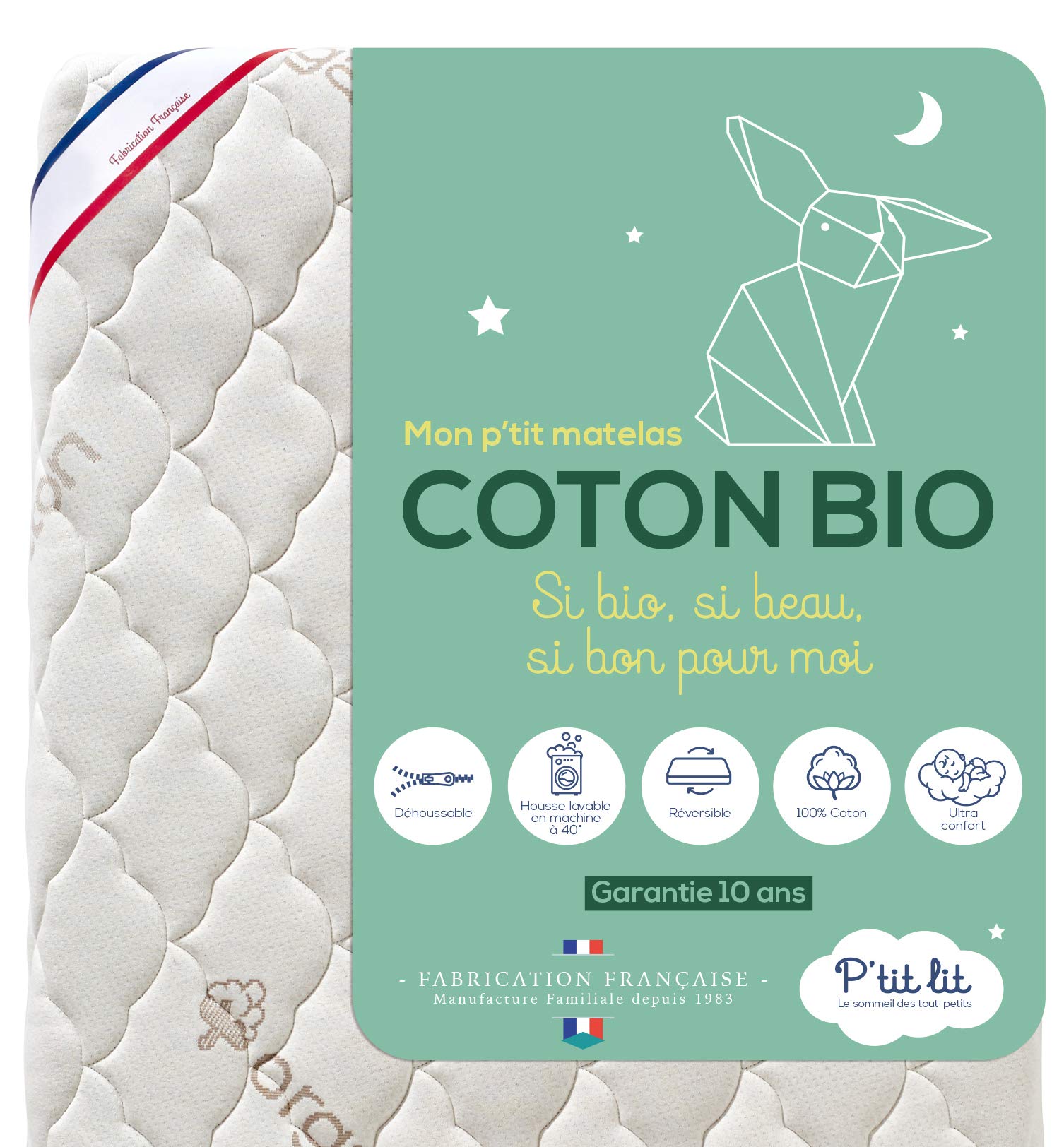 P'TIT LIT - Matelas Bébé Coton Bio - 60x120 cm - 100% Coton : matière Naturelle d'origine Végétale & Matelas Bébé Indispensable-60x120 cm-Climatisé 1 Face Hiver-Oeko, Blanc, 60 x 146