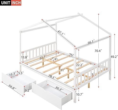 Miniatura 2 de MERITLINE Cama de casa matrimonial para niños, cama Montessori de tamaño matrimonial con 2 cajones de almacenamiento, cabecera y estribo, cama de