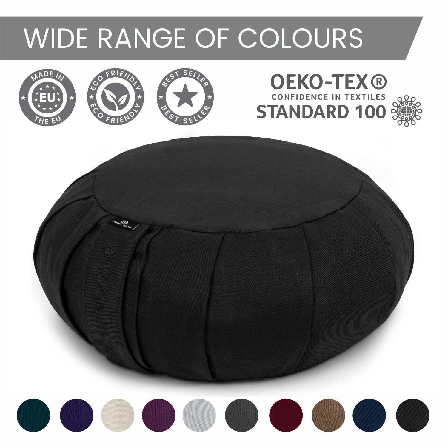 Yoga Studio Unisex's YS/EU/Zafu/okrągła/poduszka/B europejska poduszka organiczna - 35 x 18 cm, bawełniana poszewka na grykę, wbudowany uchwyt do noszenia. Akcesoria do jogi - czarny, regularny