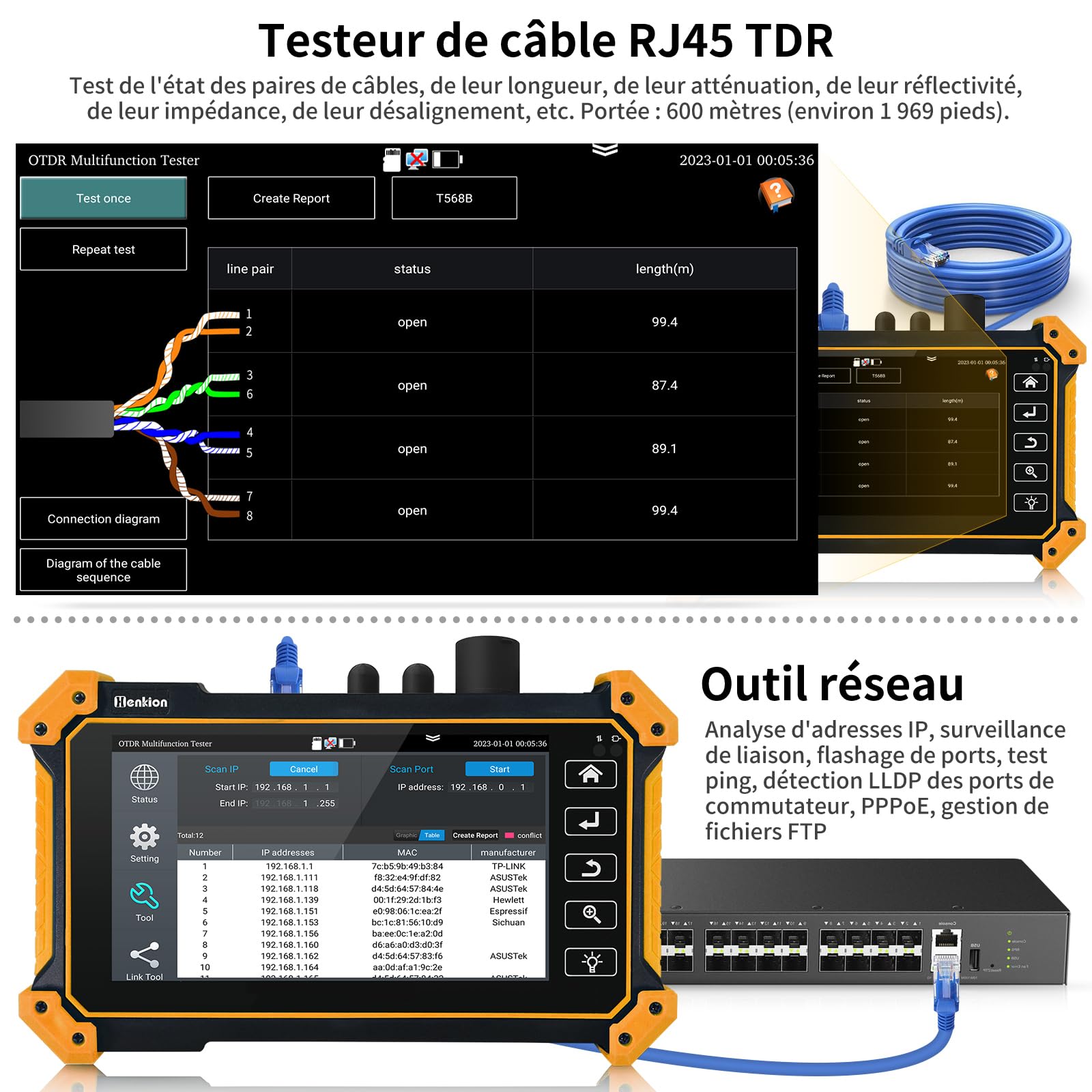 Henkion OTDR Testeur de fibre optique 1610 nm 26 dB Testeur de fibre optique 1310/1490/1550/1577 nm Test de fibre optique OPM LS OLS, Event Map, Testeur de câble, outils réseau, 8 types d'adaptateurs