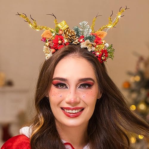 Formery Antlers - Diadema de Navidad iluminada con luces LED, cuernos de reno, con flores brillantes, aro de fiesta de Navidad, para mujeres y niñas