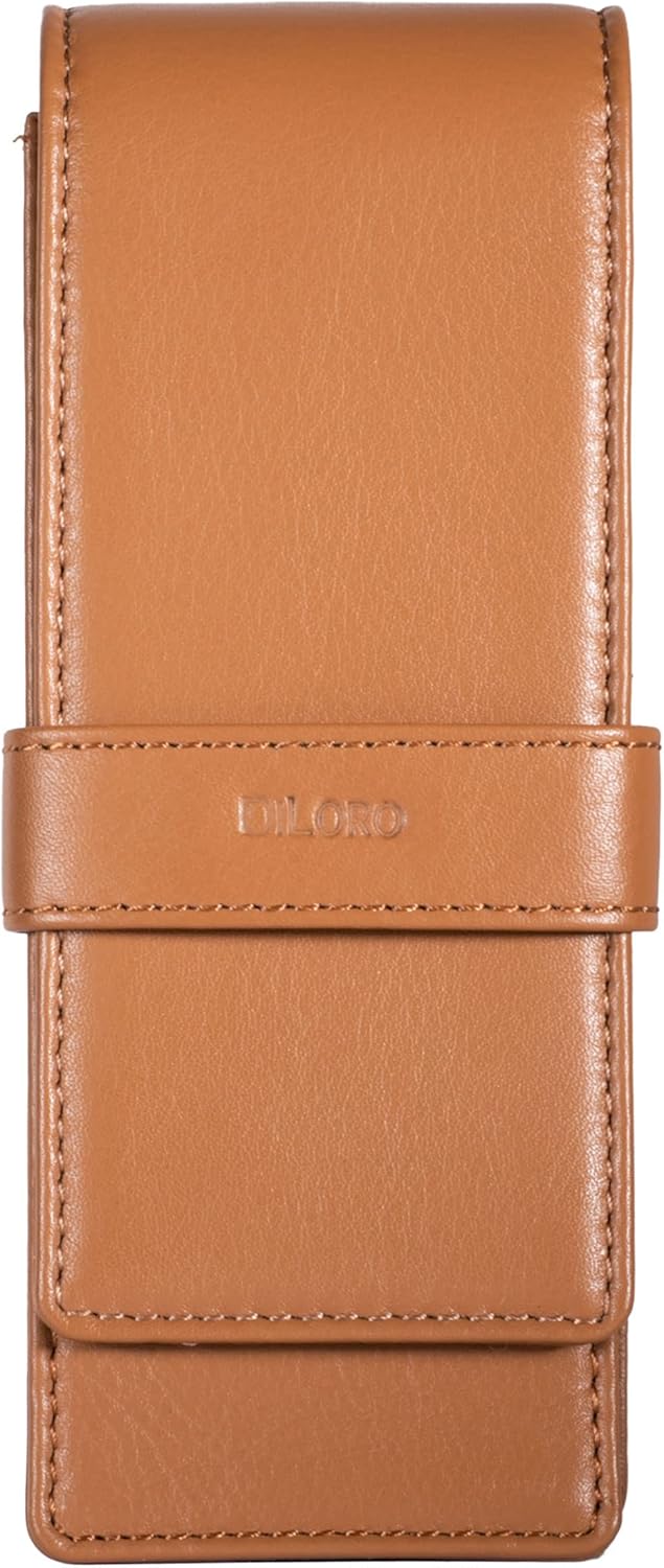 DiLoro Leather Triple Pen Case Pencil Pouch Holder for Three Fountain Ballpoint Rollerball Pens and Pencils (Tan)