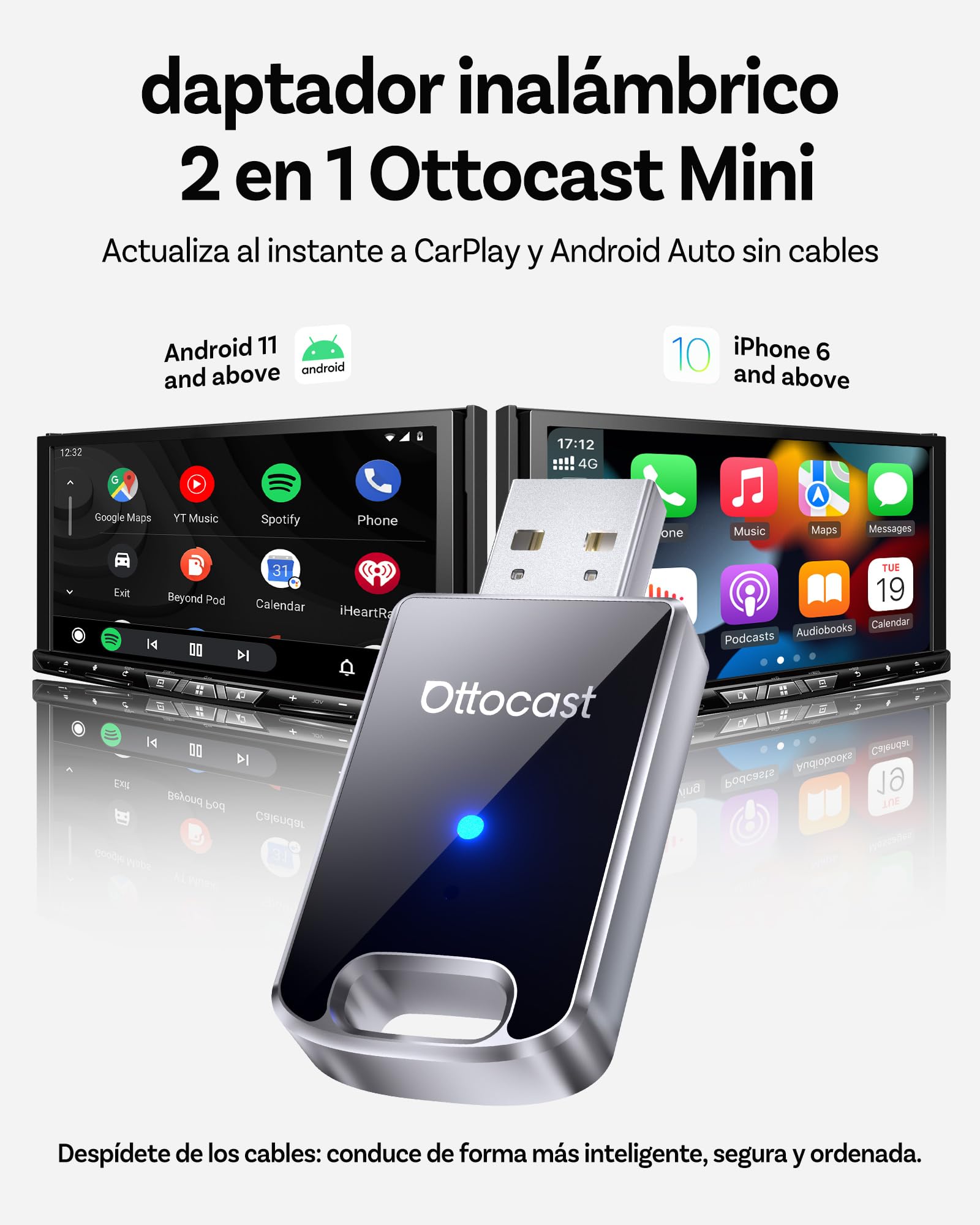 OTTOCAST Mini Adaptador Carplay Inalambrico,Última Versión 2026, 2 en 1 Convierte CarPlay/Android Auto por Cable a inalámbrico, Plug-&-Play, Diseño Compacto de Metal, Reconexión automática.
