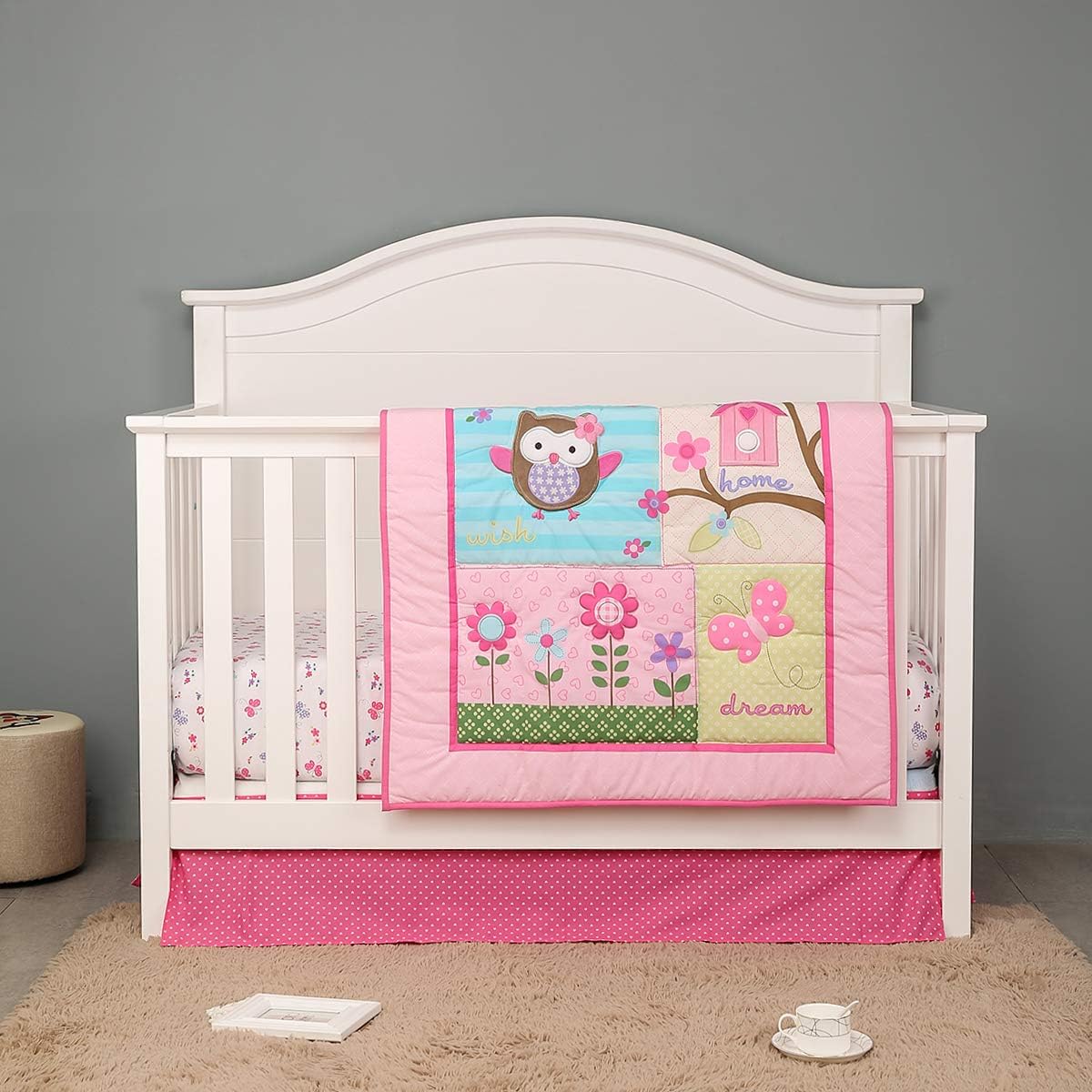 3 PCs Pink Floral Owl Nursery Crib Bedding Set Baby Girl Embroidery Owl Bird Flower Bedding Set