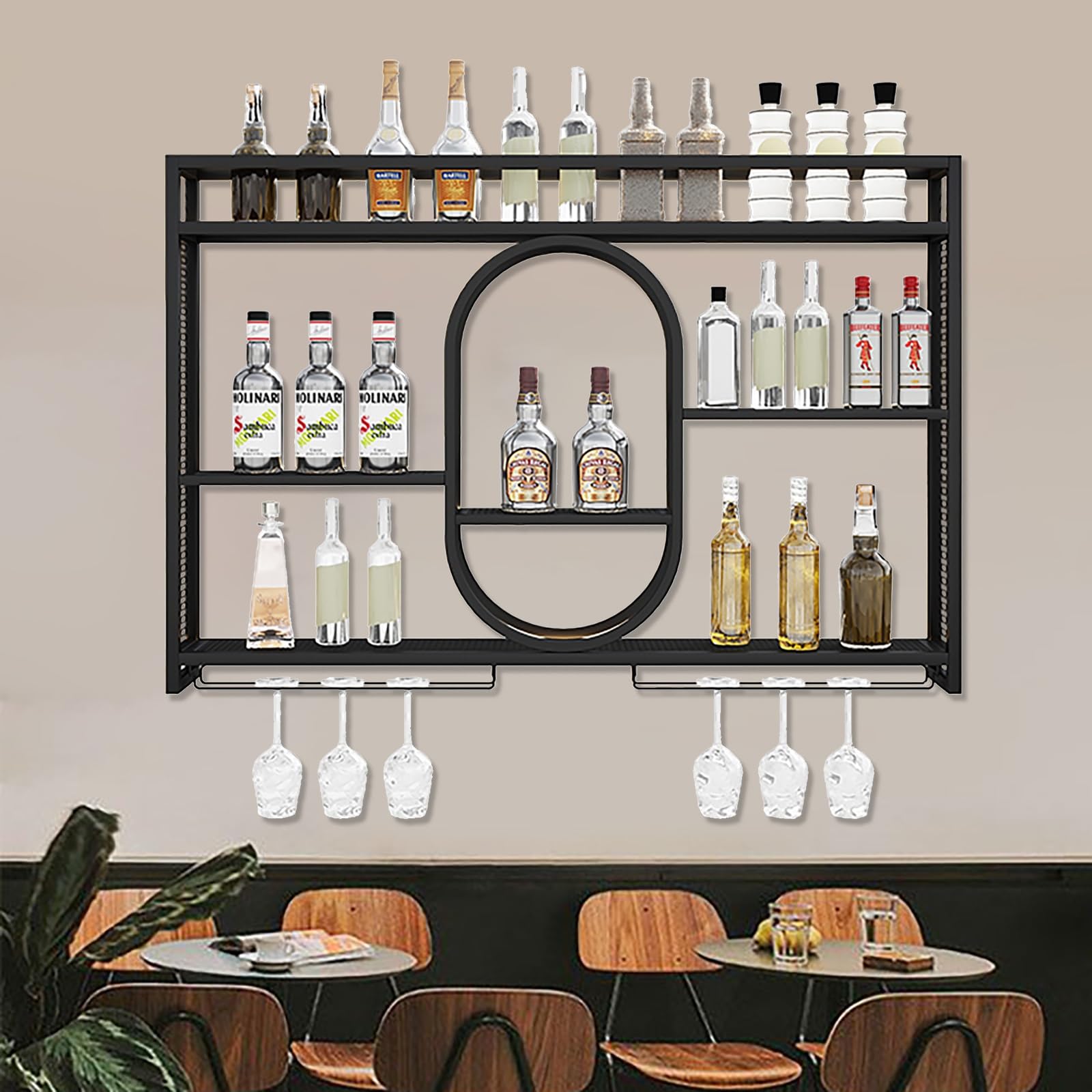 Portabottiglie Da Parete In Metallo,Unità Barra Scaffali Galleggianti,Espositore Per Vino Parete Cremagliera,Porta Calici Da Parete,vino Ripiani Portaoggetti,Per Cucina,Cantina,Bar(Black,100cm/39.4x5.