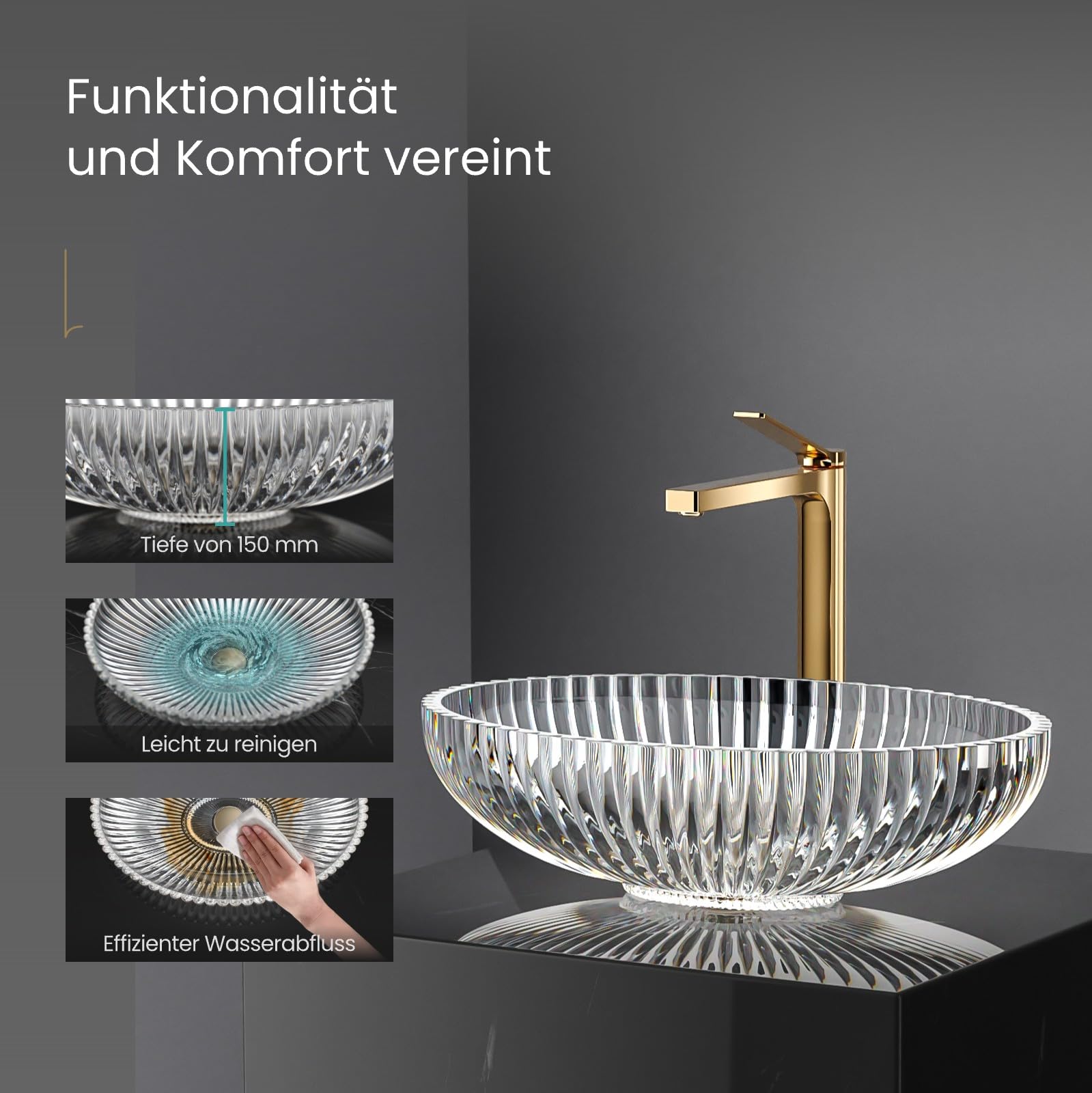 EMKE Lavabo da appoggio in vetro ovale, lavabo in vetro trasparente, 51 x 35 x 15 cm, di alta qualità per bagno e WC degli ospiti, lavabo senza foro per rubinetto