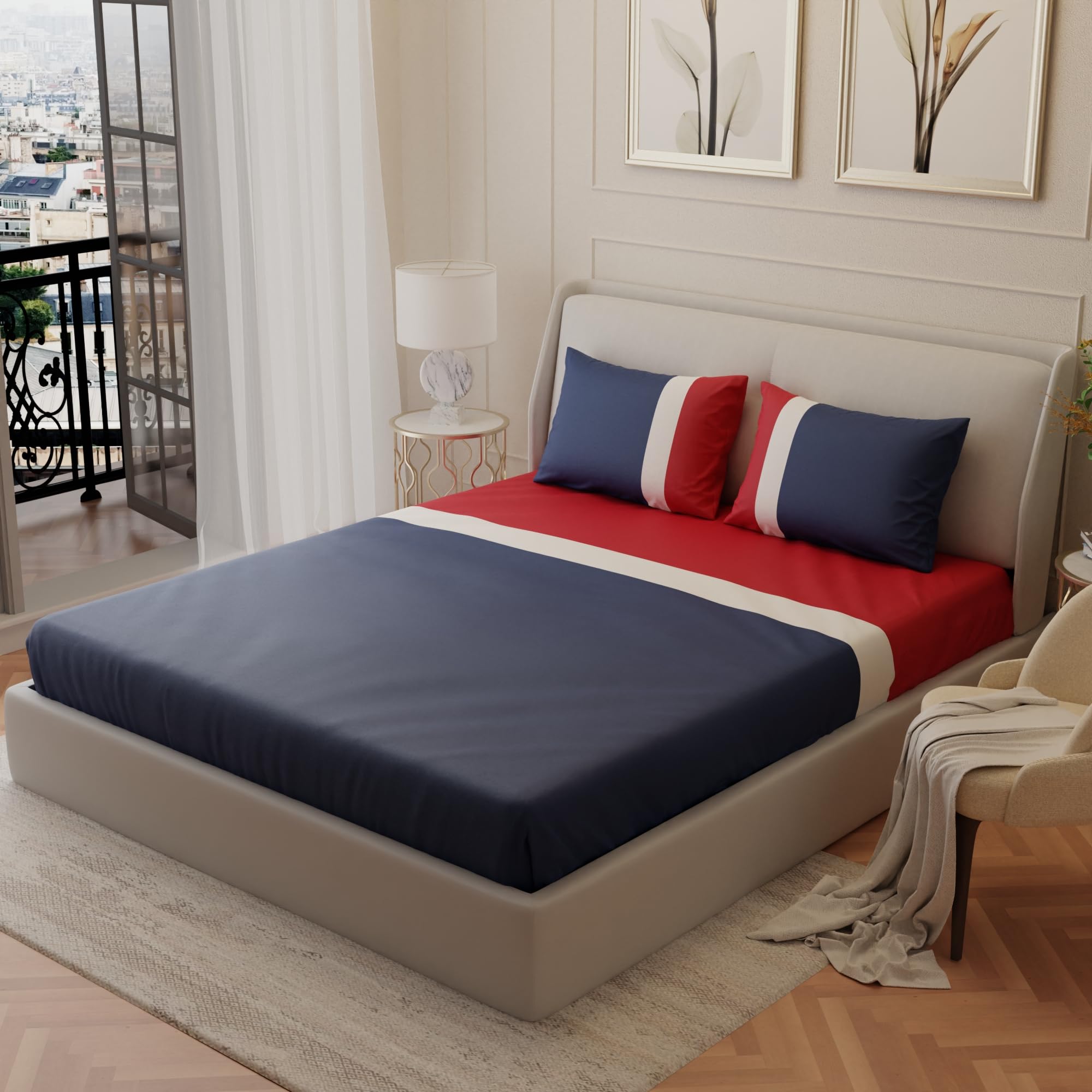 Stoa Paris Satin King Size Bedsheet with 2 Pillow Solid Covers, 300TC Premium Bedding Set, Home Decor, Aesthetic Bedsheets, Ultimate Comfort, Wedding Gift for Couples, Vogue - Navy-Red-White