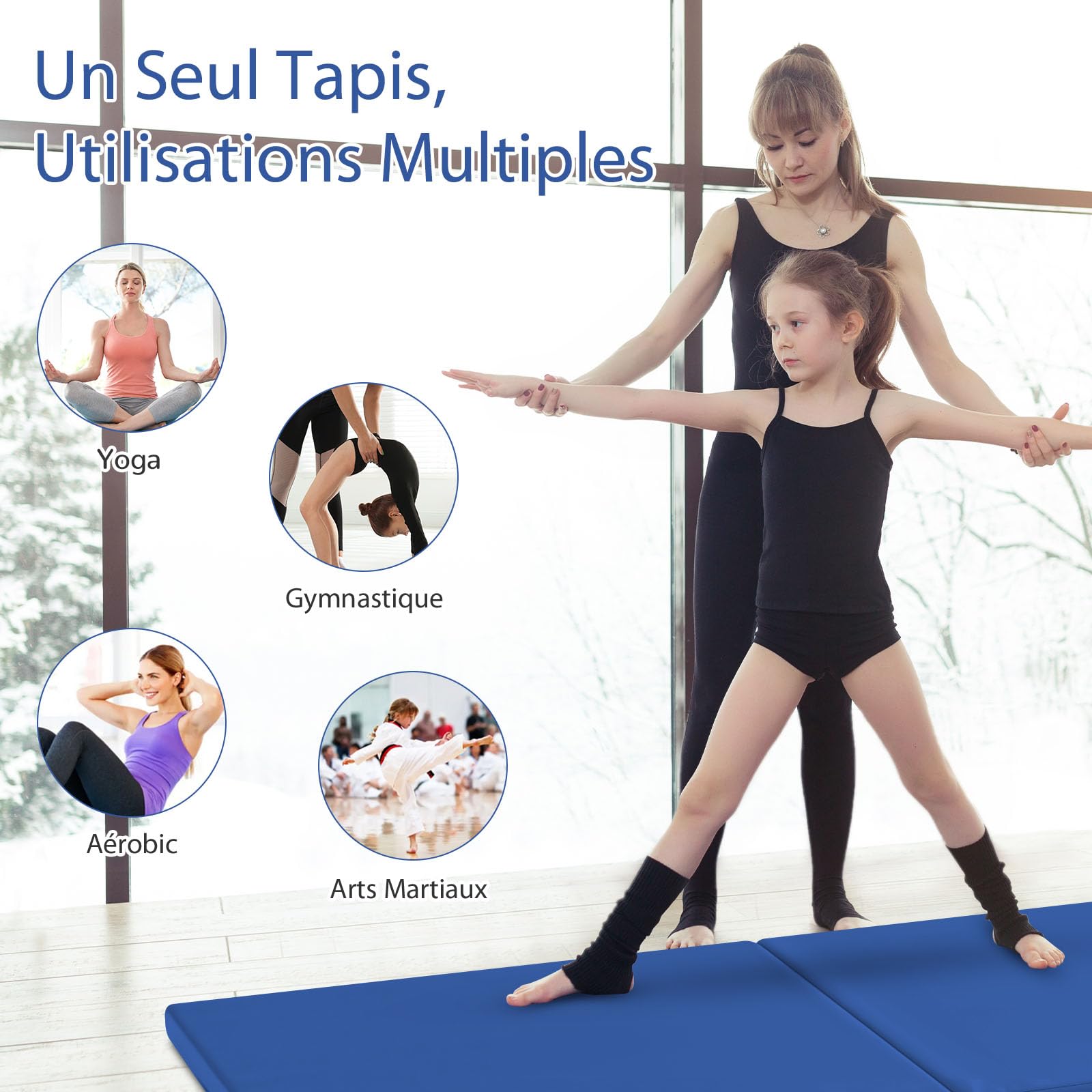 GOPLUS Tapis de Gymnastique Pliable, 5cm d"Épaisseur, 2 Plis & Poignée Transport, Matelas Gymnastique en Cuir PU avec Fermeture Auto-agrippante Magique,180 x 60 x 5cm