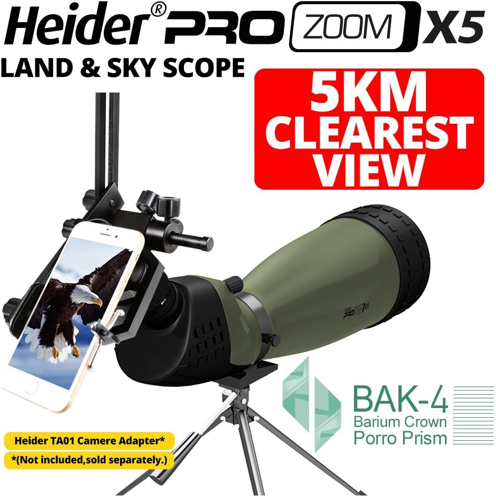 Heider Pro Zoom X5 Land & Sky Scope - 3 MILES CLEAREST VIEW - 75X Zoom Power - BAK-4 With Porro Prism Glasses - Military Standard and Superior German Design - Tripod & Bag Included