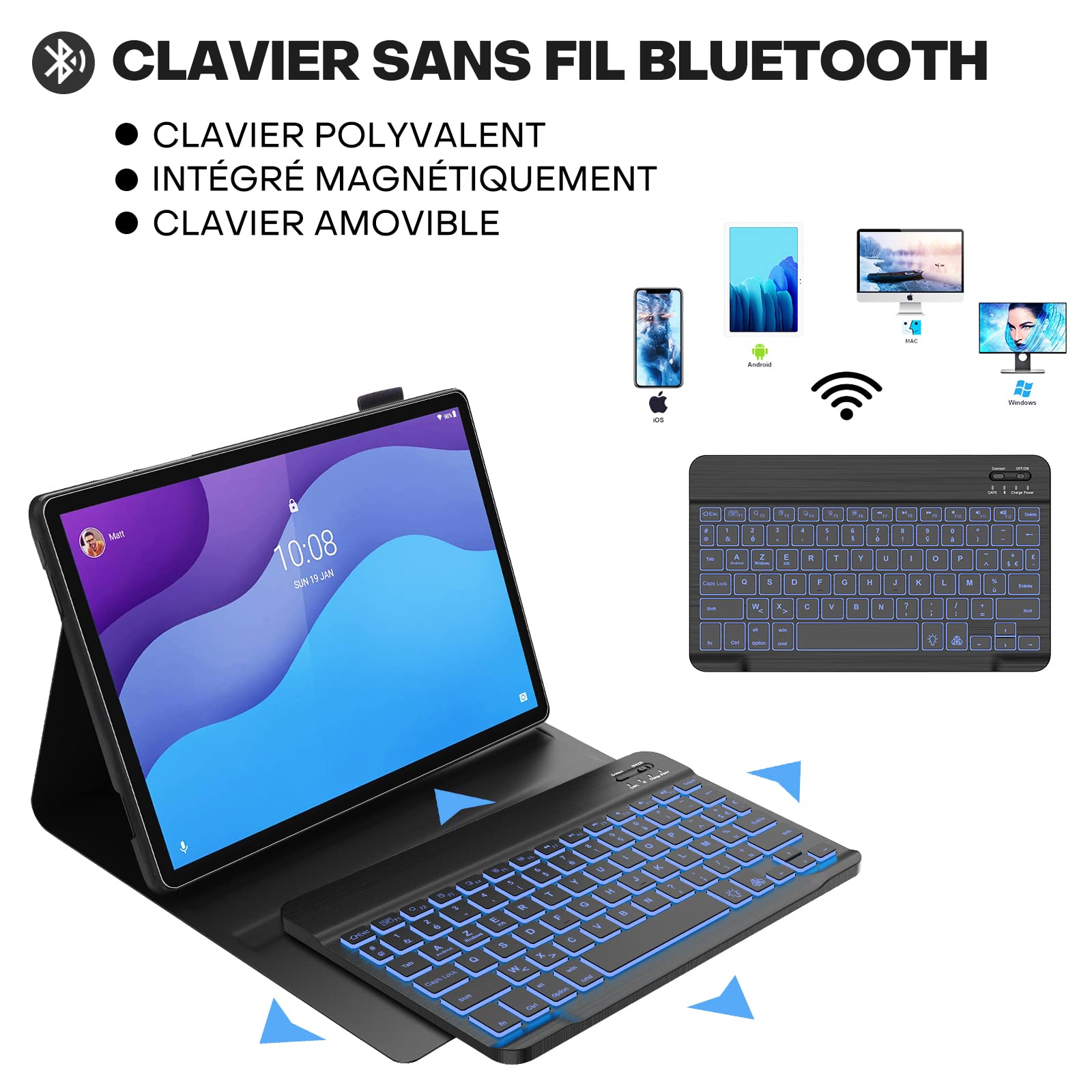 Coque Clavier Bluetooth AZERTY Magnétique Pour Lenovo Tab M10 HD 2ème Génération 10.1" - Compatible TB-X306F/X306X, Noir