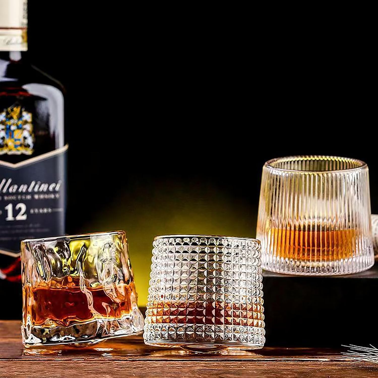 Whiskey Glasses Set 4，9 Oz Rotatable Tumbler Crystal Whiskey Glass, Drinking Glasses with 4 Pcs Creative Wooden Coasters and Gift Box - for Scotch,Bourbon,Cocktails - Image 5