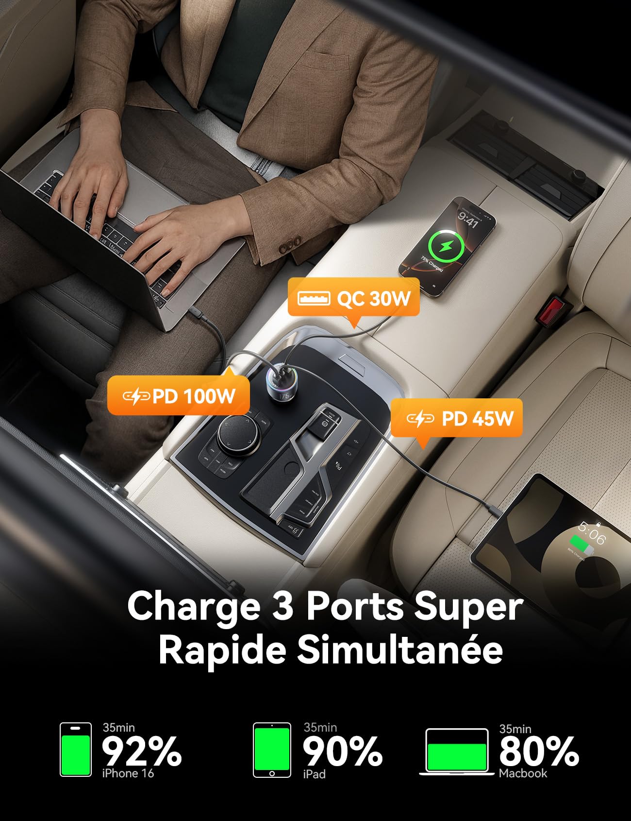 JOYROOM 175W 3 Ports Allume-Cigare USB-C avec Câble USB-C 100W, [3 GaN Puces] Adaptateur Chargeur Voiture PD100W & QC3.0 Rapide Compatible iPhone17/16/15/Samsung S25/S24/Smartphone/iPad/MacBook/Laptop